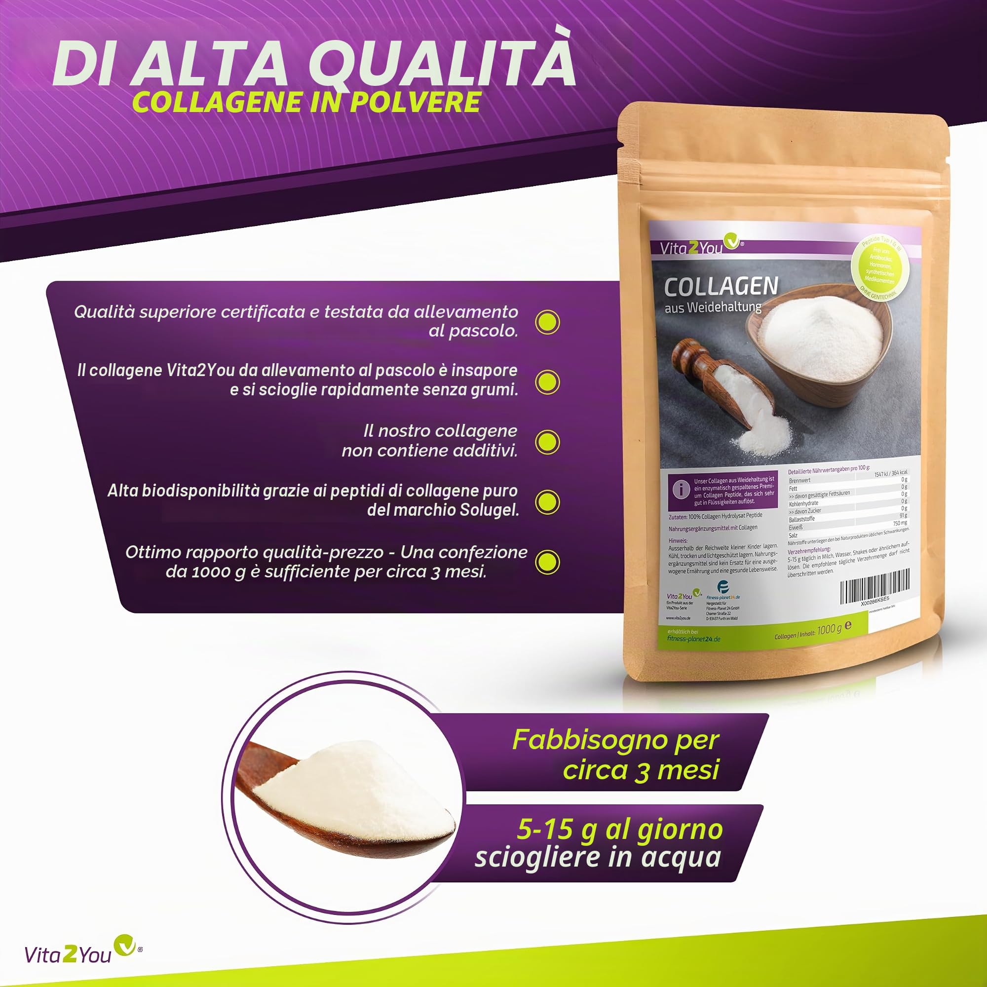 Vita2You CollaSel Pro® - Polvere di collagene bioattivo, 100% CollaSel Pro®, da allevamento e alimentazione con erba, peptidi idrolizzati tipo 1 e 3, proteine, 1000 g, qualità premium