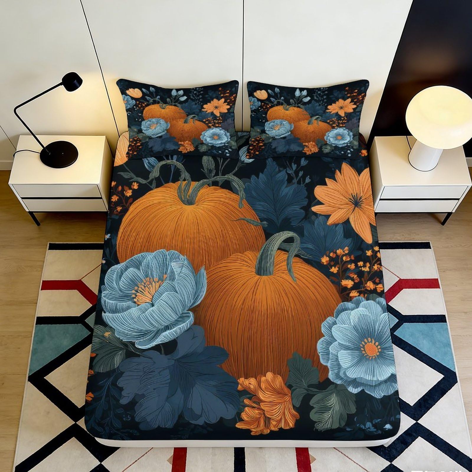 Kzqjxnhpcr Style-5 3D Printed Pumpkin Floral Fitted Sheet Microfiber Deep Pocket Non-Slip Bedding For Adults Full Wrap Pumpkin Floral Mattress Fitted Cover 90X200x25cm 90X200x25cm