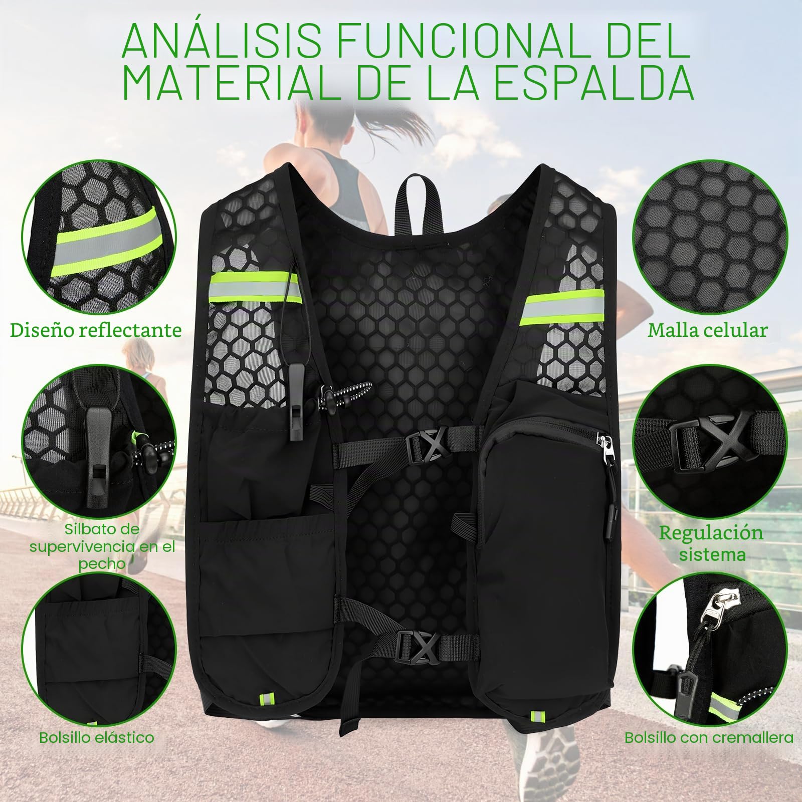 Chaleco para Correr, Mochilas de Hidratación Ligera y Transpirable con Bolsa 500ml, Chaleco Running Mujer Hombre con Tira Reflectante y Ajustable para Correr Trail Marathoner