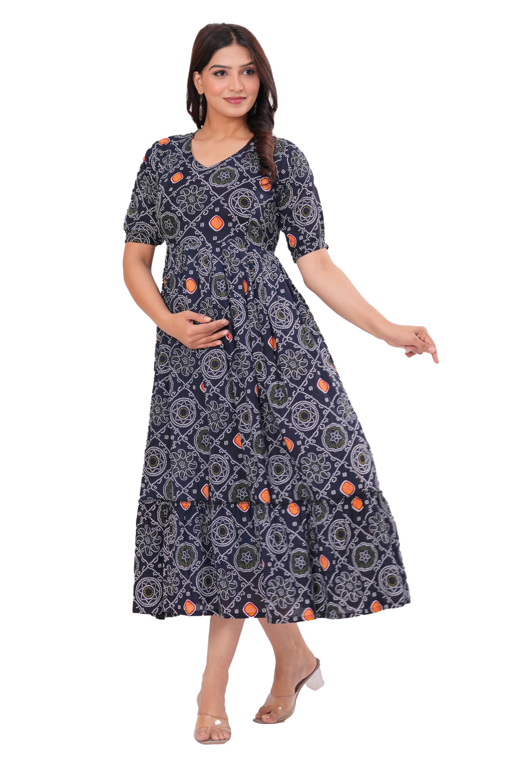 Womens Cotton Printed A-line Half Sleeve v-Neck Calf Length Anarkali Feeding Maternity Gown Dress Kurti with Invisible Zipper-image-37