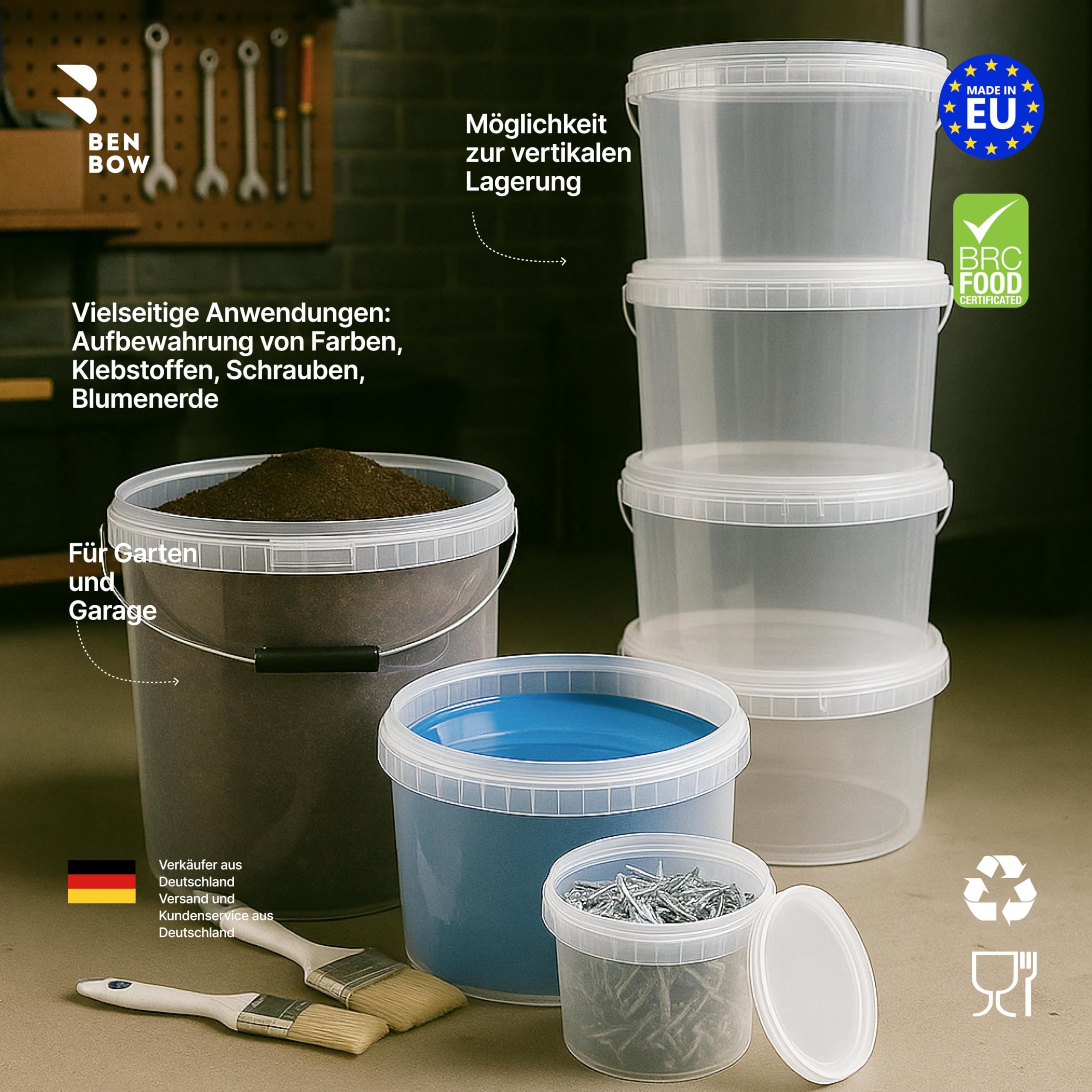 BenBow Eimer mit Deckel 30L Transparent - 180 Stück - Palette - lebensmittelecht, stabil, luftdicht, auslaufsicher, geruchsneutral - Vorratsbehälter aus Kunststoff - leer