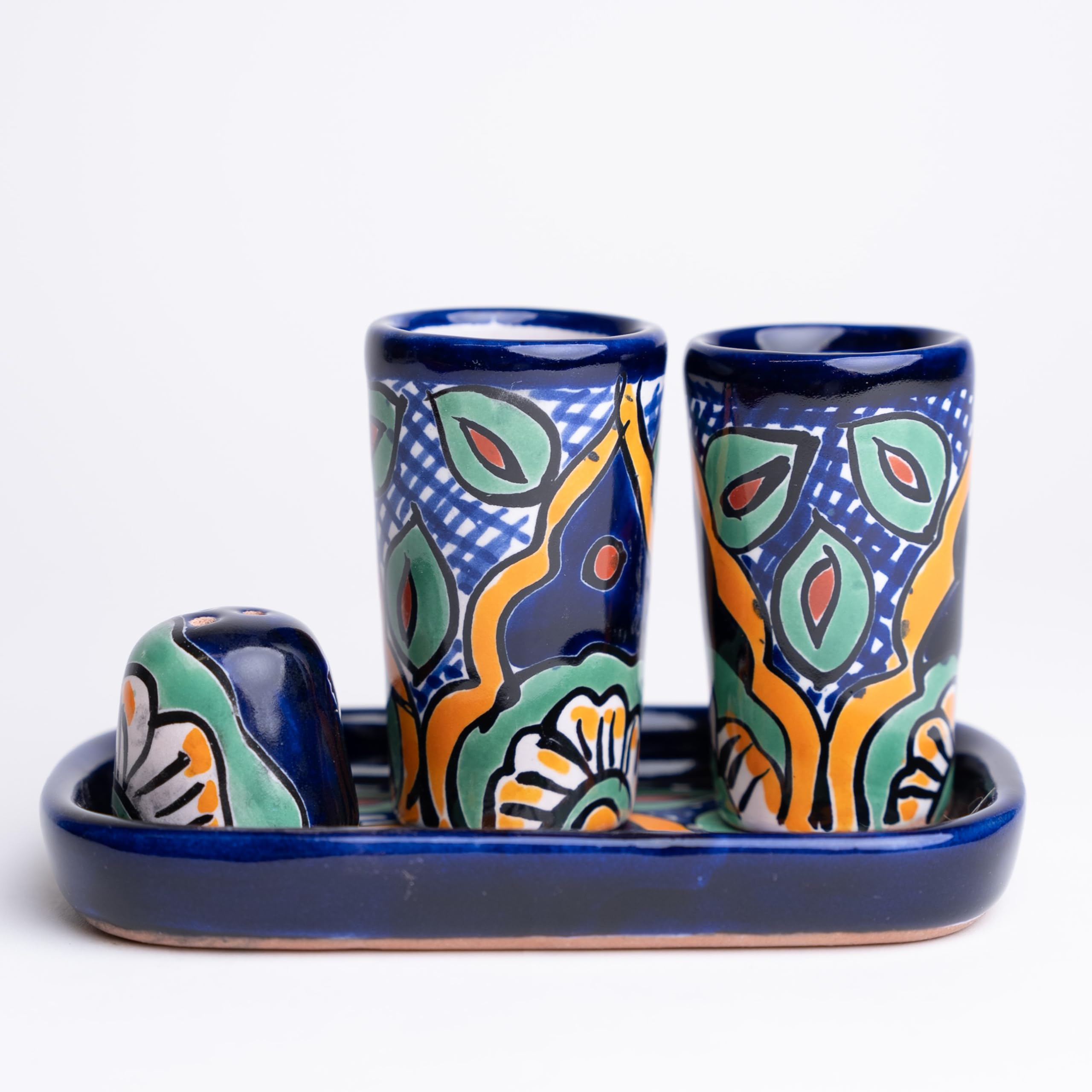 Talavera Tequila Shot Glasses with Tray & Salt Shaker (Set of 2) - Daisy Flower Design - Hand-Painted Authentic Mexican Gift Set