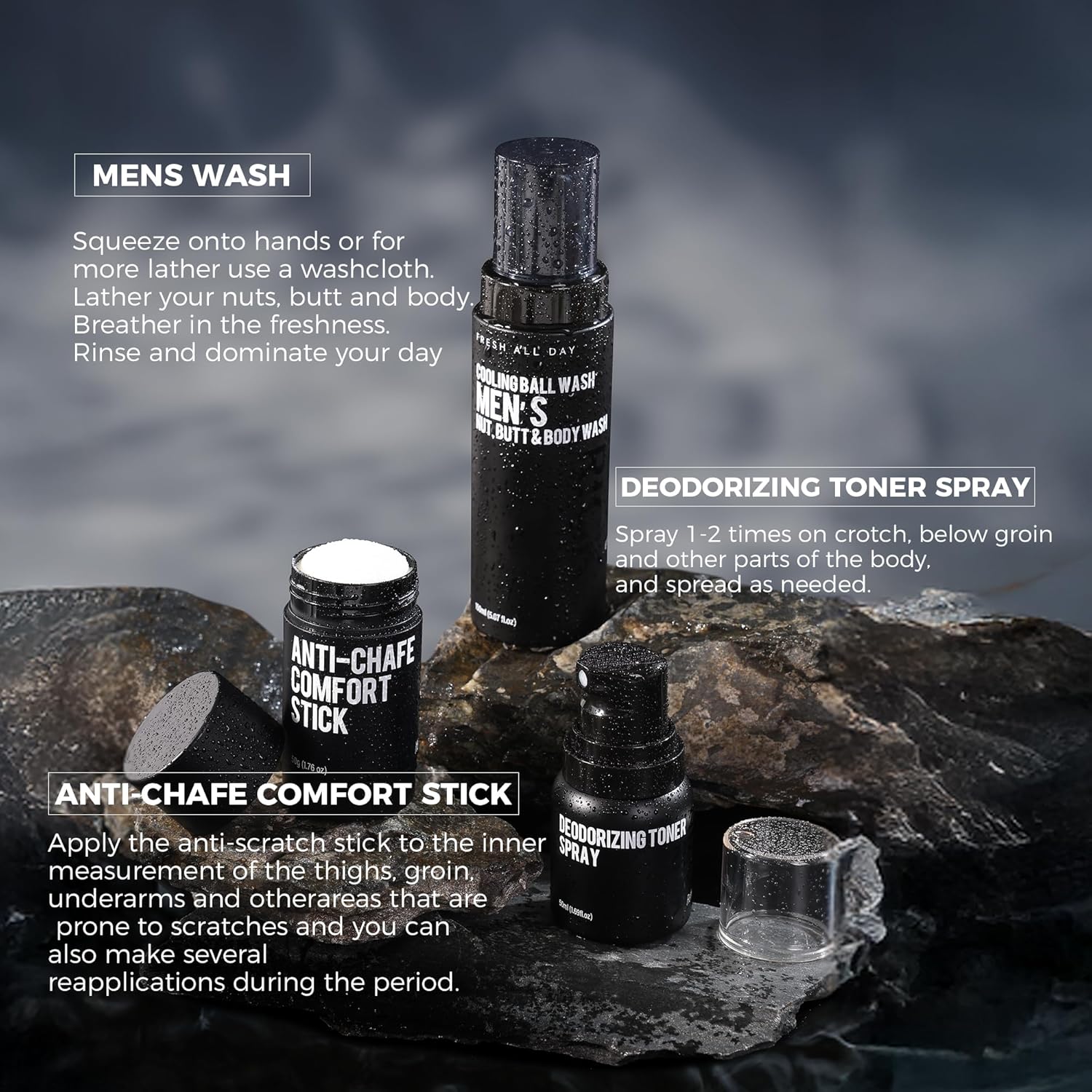 Mens Ball Wash Kit, Men's Fresh Kit, Fresh Balls for Men, Natural Cooling Ball Wash+Deodorizing Toner Spray+Anti-chafe Comfort Stick to Stay Dry, Dry & Moisturized All Day