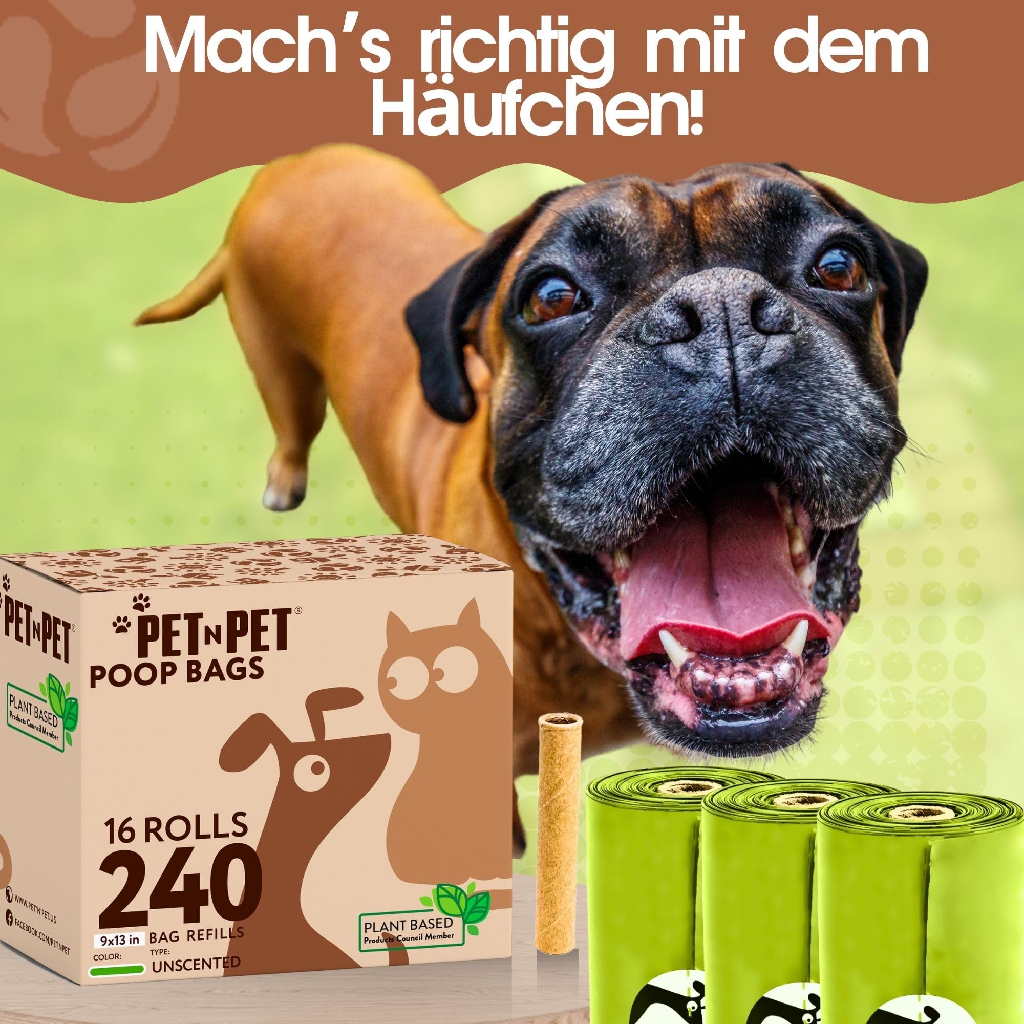 PET N PET Kompostierbare Hundekotbeutel, 240 Stück, 16 Rollen kotbeutel | 100% kompostierbar, Extra reißfest, Auslaufsicher, kotbeutel für hunde & Katzenstreubeutel, Auf Rollen