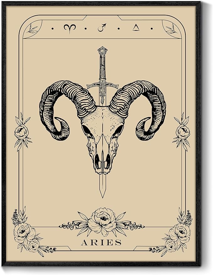 SERIMINO Witchy Framed Wall Art, Aries Tarot Canvas Prints Paintings, Horoscope Dark Academia Home Decor Aesthetic, 12X16inch Gothic Wall Decor for Room