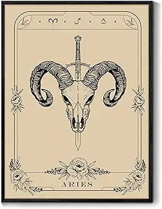 SERIMINO Witchy Framed Wall Art, Aries Tarot Canvas Prints Paintings, Horoscope Dark Academia Home Decor Aesthetic, 16x24inch Gothic Wall Decor for Room