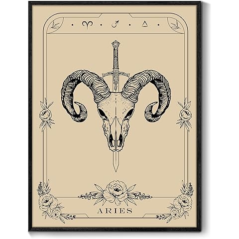 SERIMINO Witchy Framed Wall Art, Aries Tarot Canvas Prints Paintings, Horoscope Dark Academia Home Decor Aesthetic, 12X16inch Gothic Wall Decor for Room