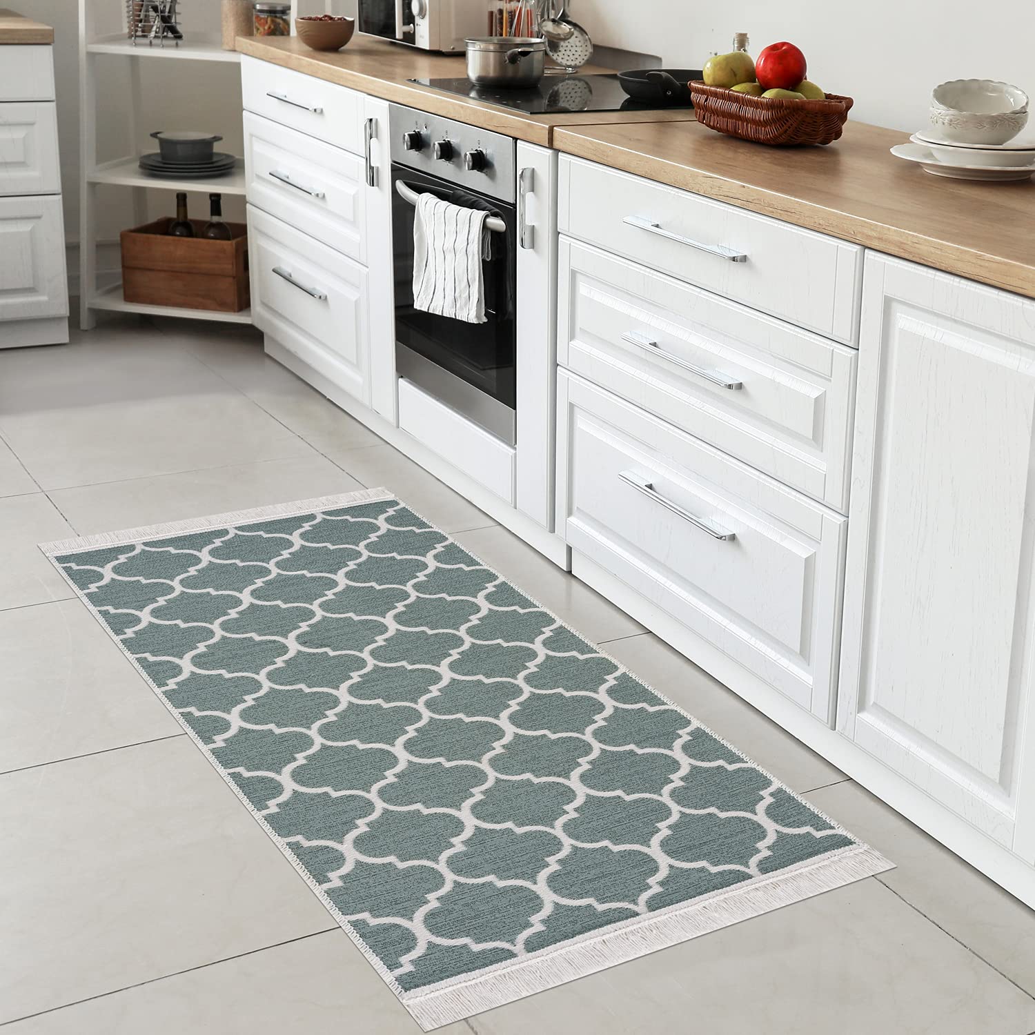 Boho Flurteppich Waschbar – Rutschfeste Gummirückseite, Niedriger Flor (0,5 Cm), Maschinenwaschbar, Für Wohnzimmer, Schlafzimmer, Eingang (Grün)