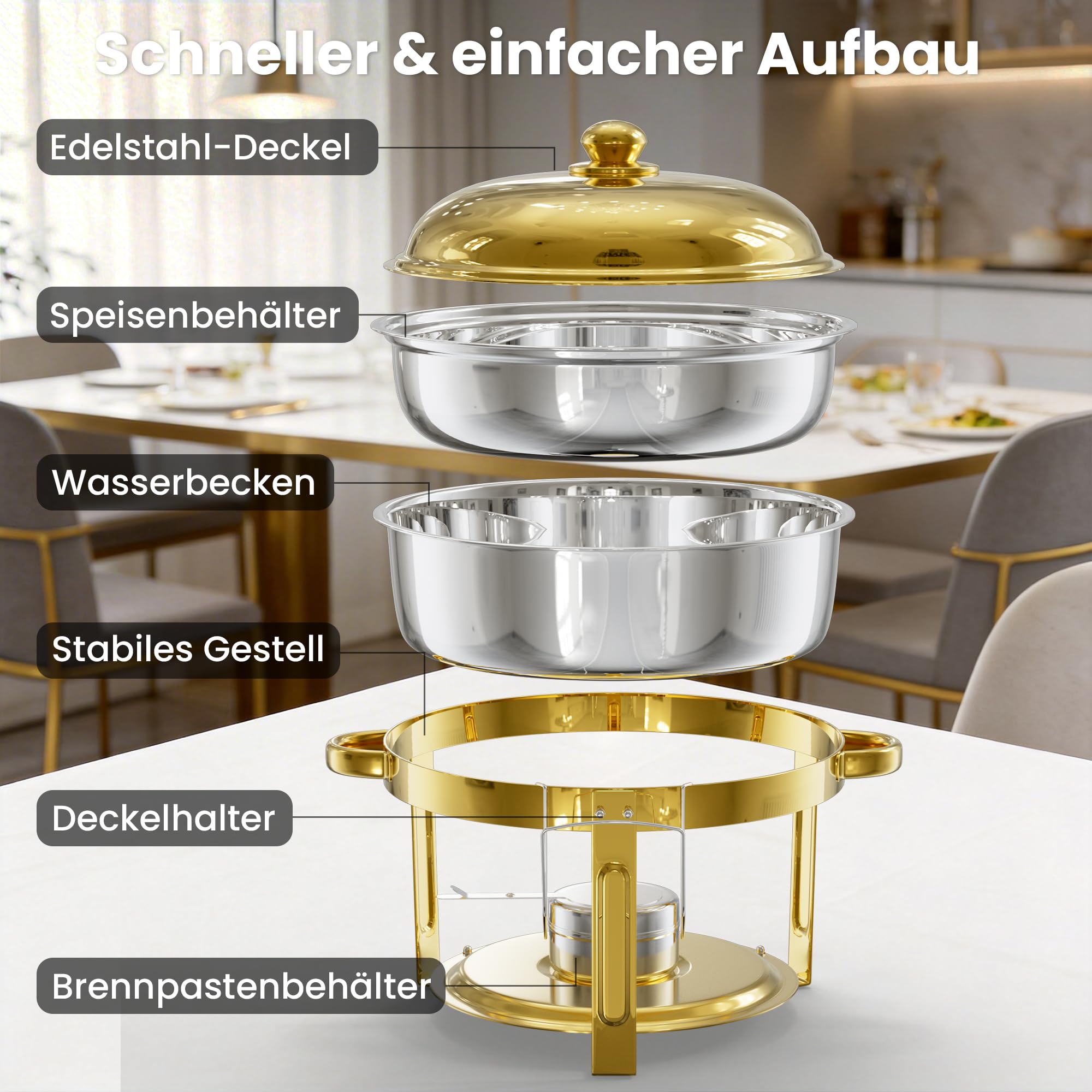 WARMOUNTS Chafing Dish 4er Set 6L Gold, Speisenwärmer Buffet Rund Edelstahl mit Deckelhalter, Warmhaltebehälter Stapelbar Catering Rechaud für Gastronomie, Partys & Hochzeiten