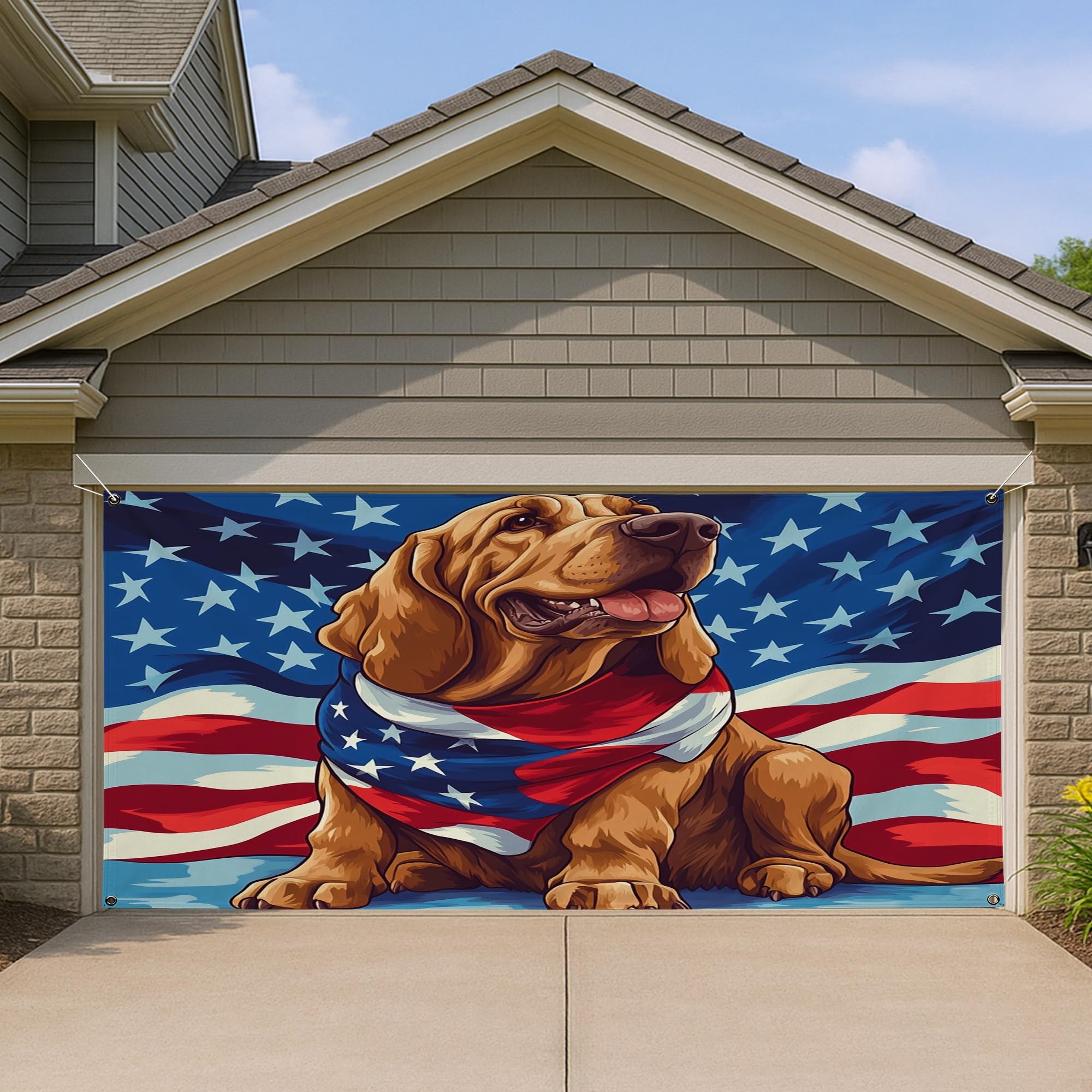 Décoration murale 4 juillet avec bannière porte de garage USA et fond photo extérieur Bloodhound