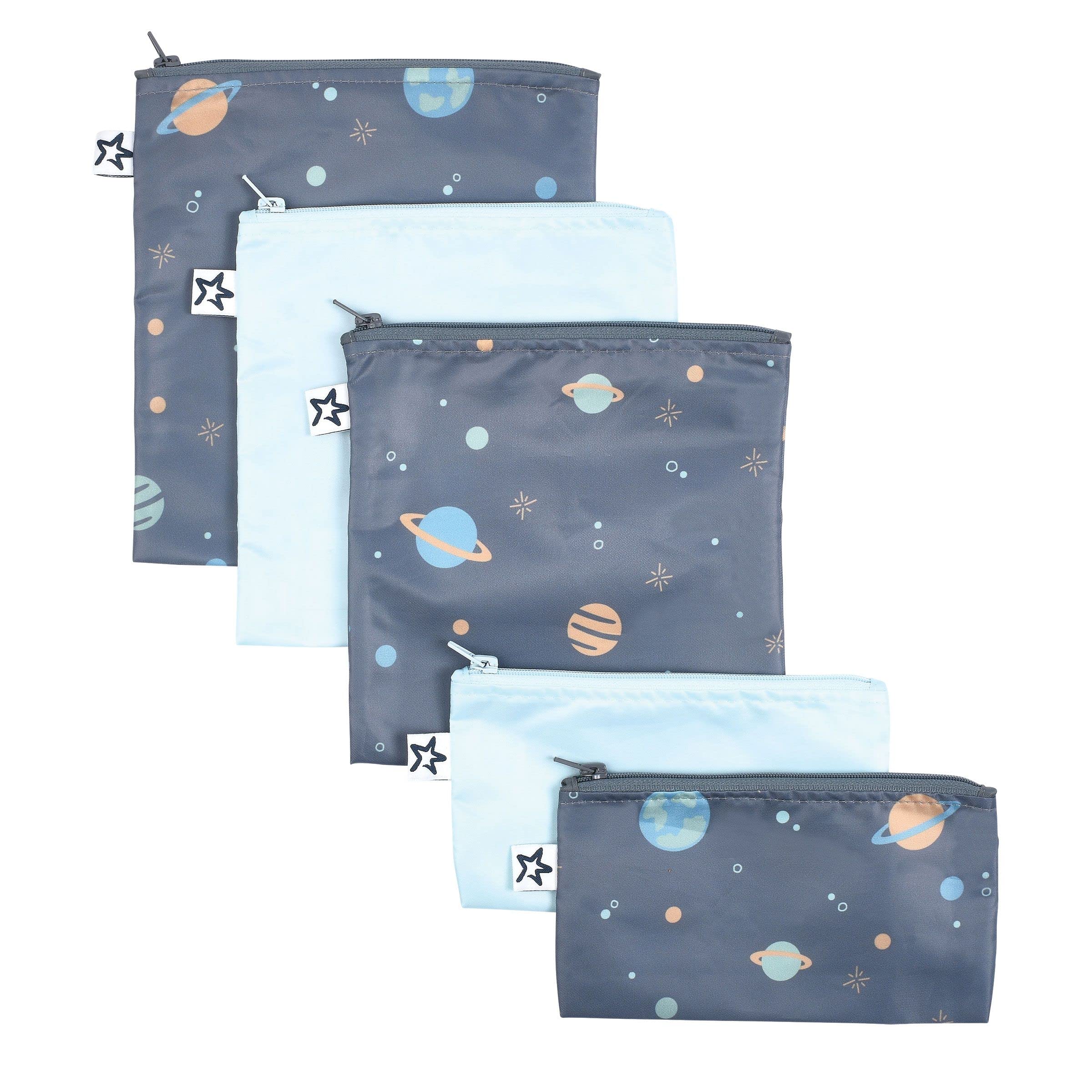 Tiny Twinkle5 Pack Reusable Snack Bags - Machine Washable, PVC, BPA, Phthalate-Free Reusable Baby Food Lunch Bags (Space)