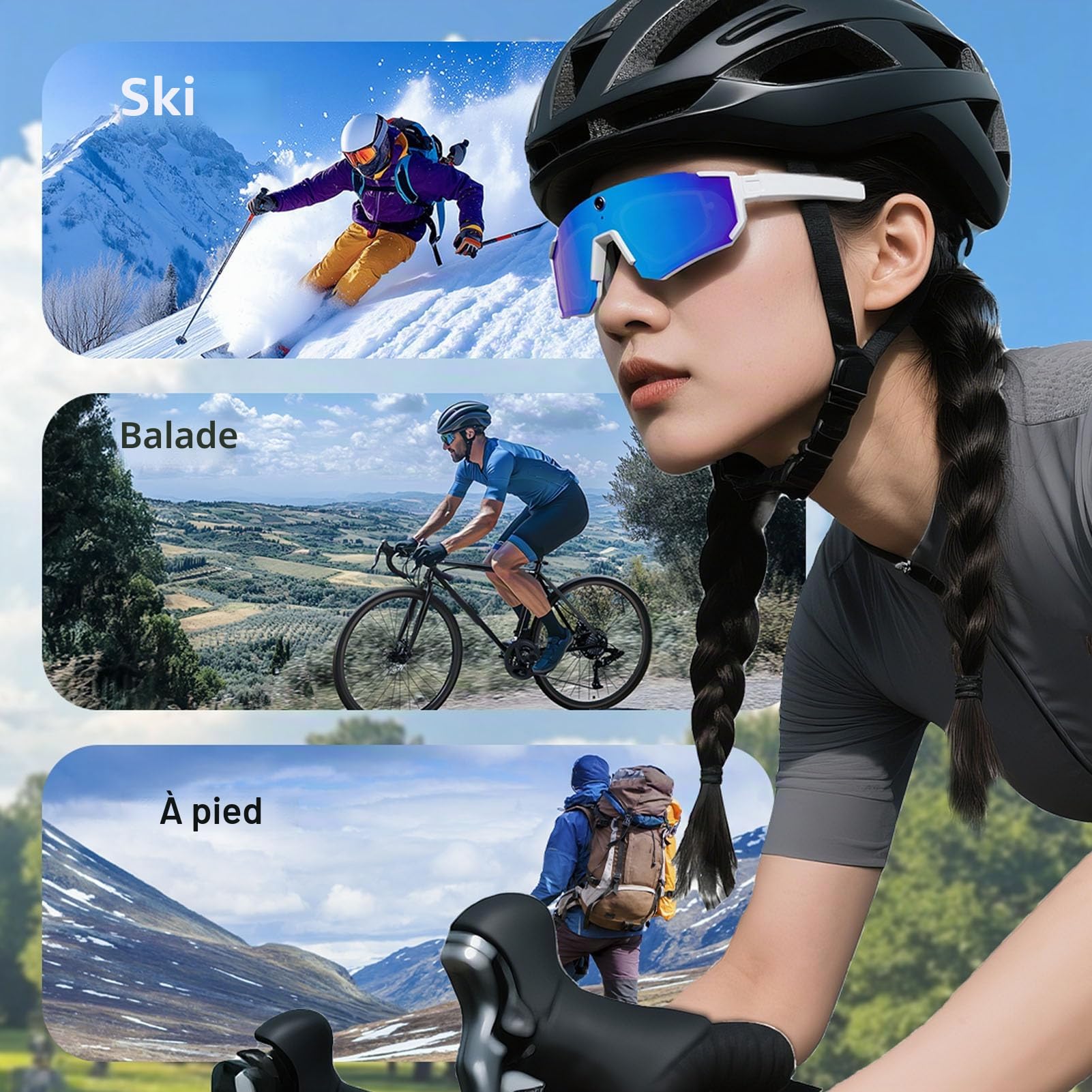 Tosuny Lunettes Intelligentes 4K AI avec Caméra, Lunettes de Soleil Bluetooth pour le Cyclisme, le Ski et les Sports de Plein Air, Commande Vocale, Suppression du Bruit ENC, Stabilisation (Blanc Bleu)