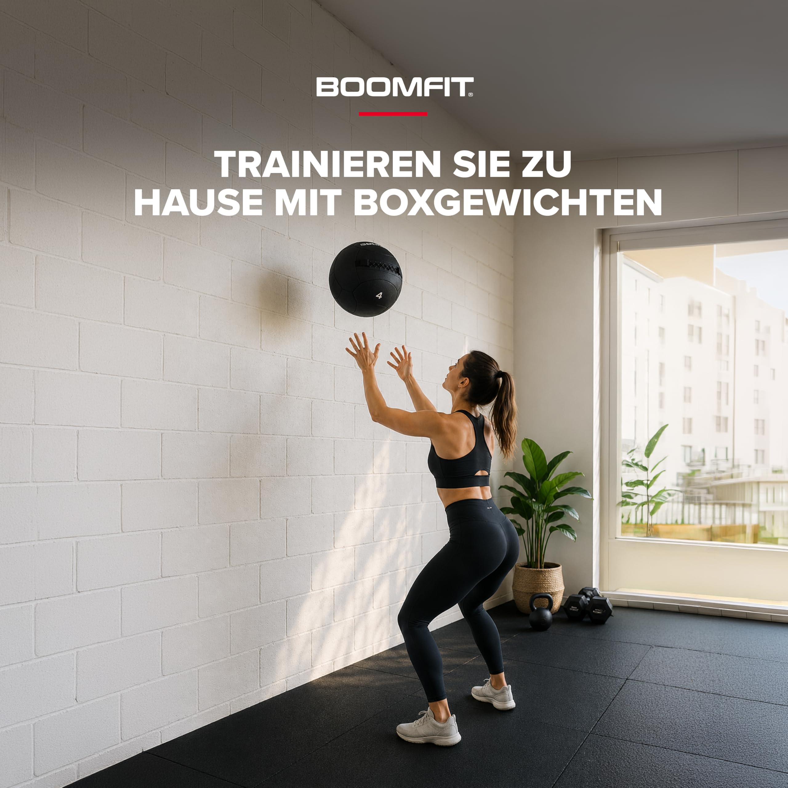 BOOMFIT Wall Ball Pro Black Edition | Medizinball Crossfit & Hyrox | PVC rutschfest, doppelte Kordelnaht und versiegelte Füllung. Schlaufen zum Aufhängen. 2 bis 12 kg für Box und Zuhause