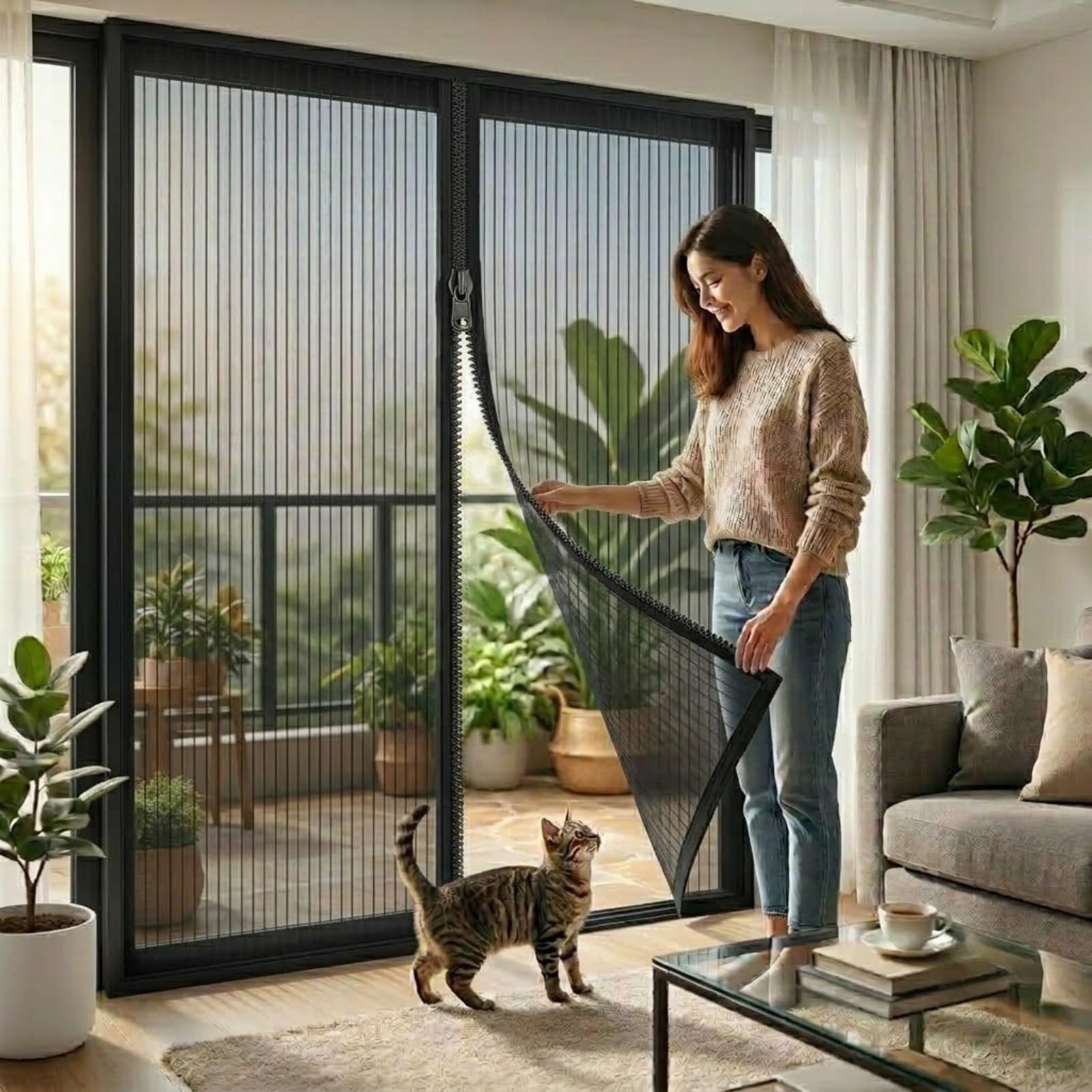 Zipper Version KING KONG MESH Keep Bugs Out Window Screen, Washable Mesh Curtain with Hook Loop Tape Tape for Balcony Patio RV Seasonal Use, No Drill Installation(Black,110x140cm)