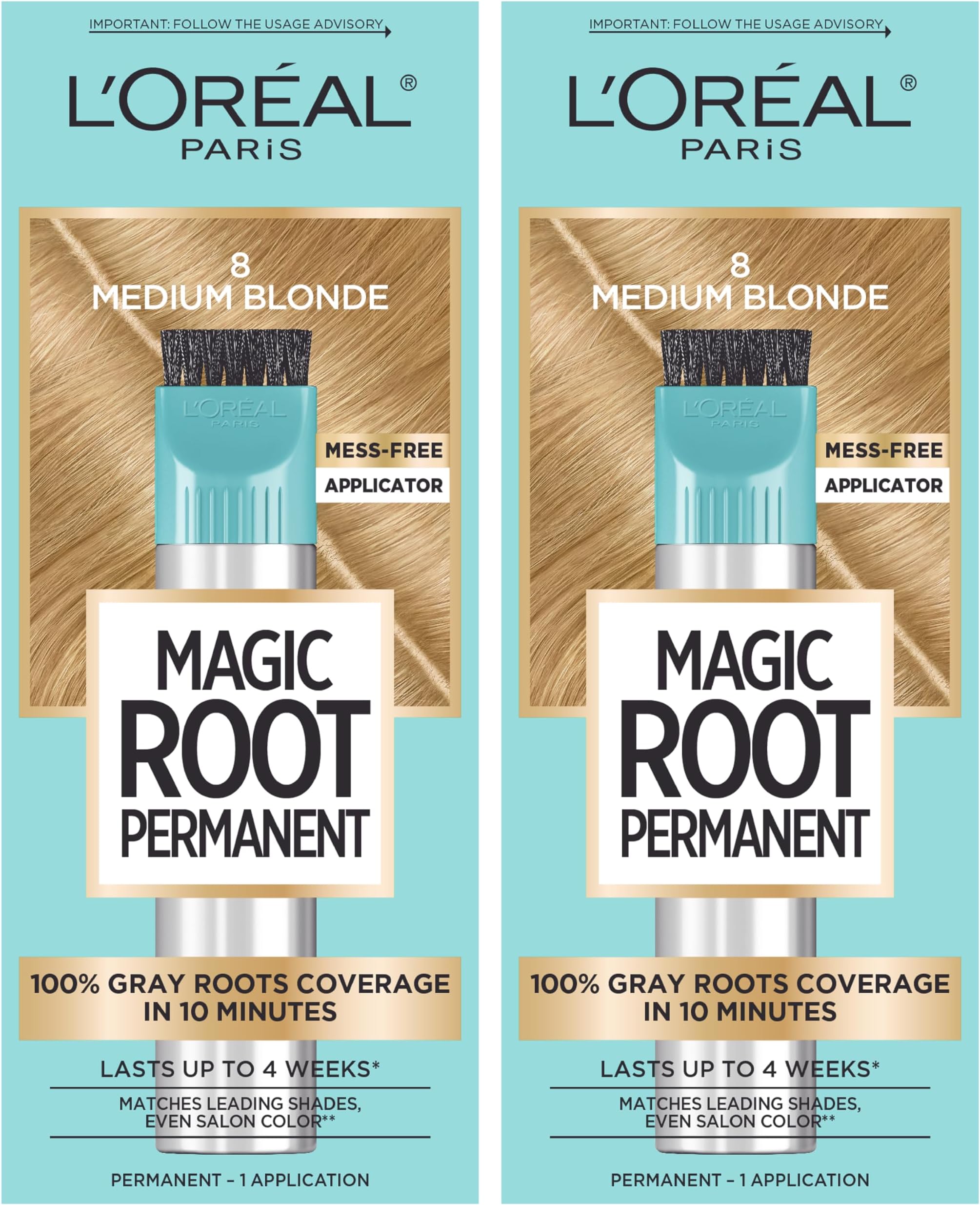 L’Oréal Paris L'Oreal Magic Root Permanent Hair Color, 10 Minute Hair Dye Kit to Rescue Roots with 100% Gray Hair Coverage, 8 Medium Blonde, 2 Pack (Packaging May Vary)