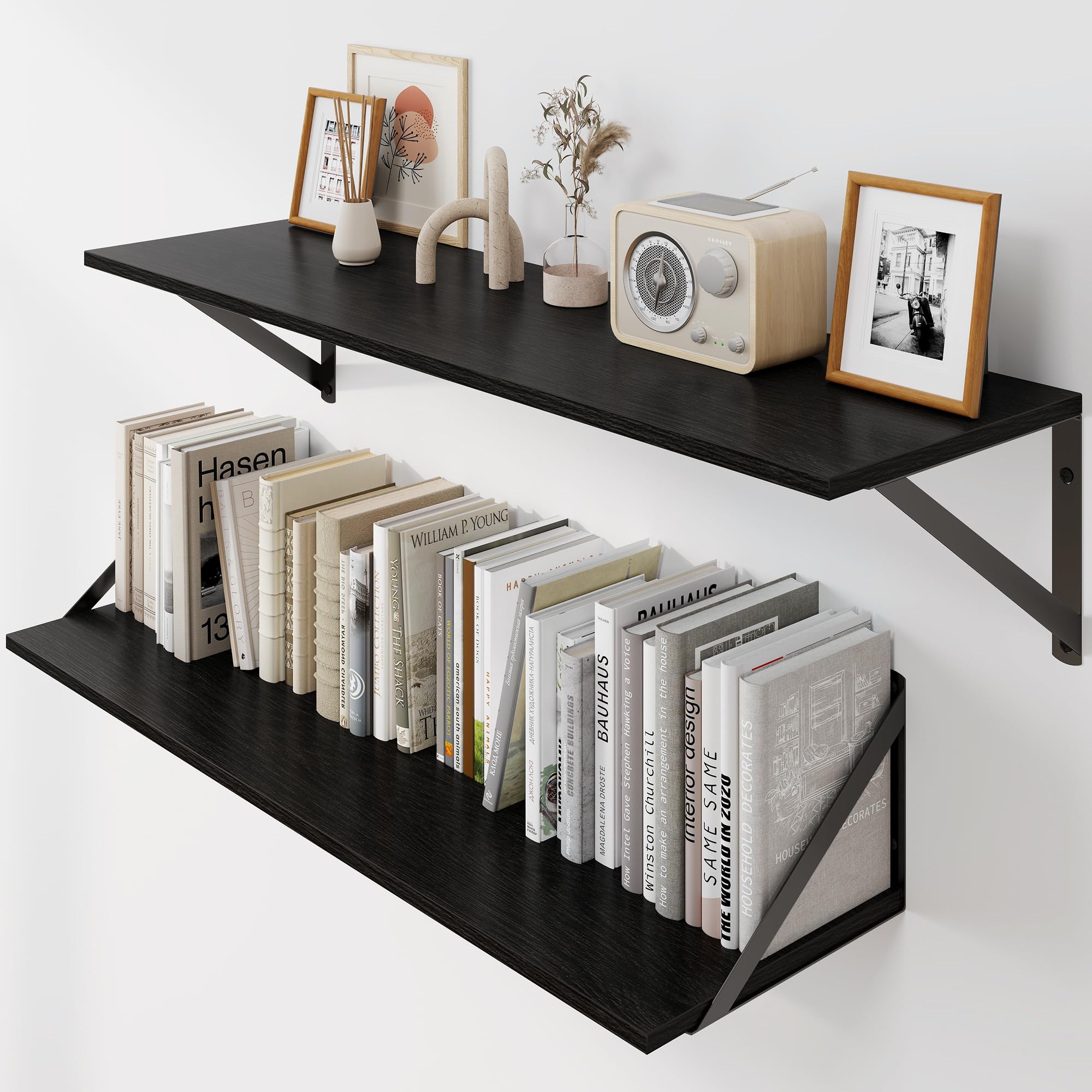 Black Deep Floating Shelves for Wall, 30W x 8D Wood Wall Shelves Set of 2, Wide Floating Bookshelf for Living Room, Kitchen, Office, Bedroom and Decor Storage, with Metal Bracket - Black