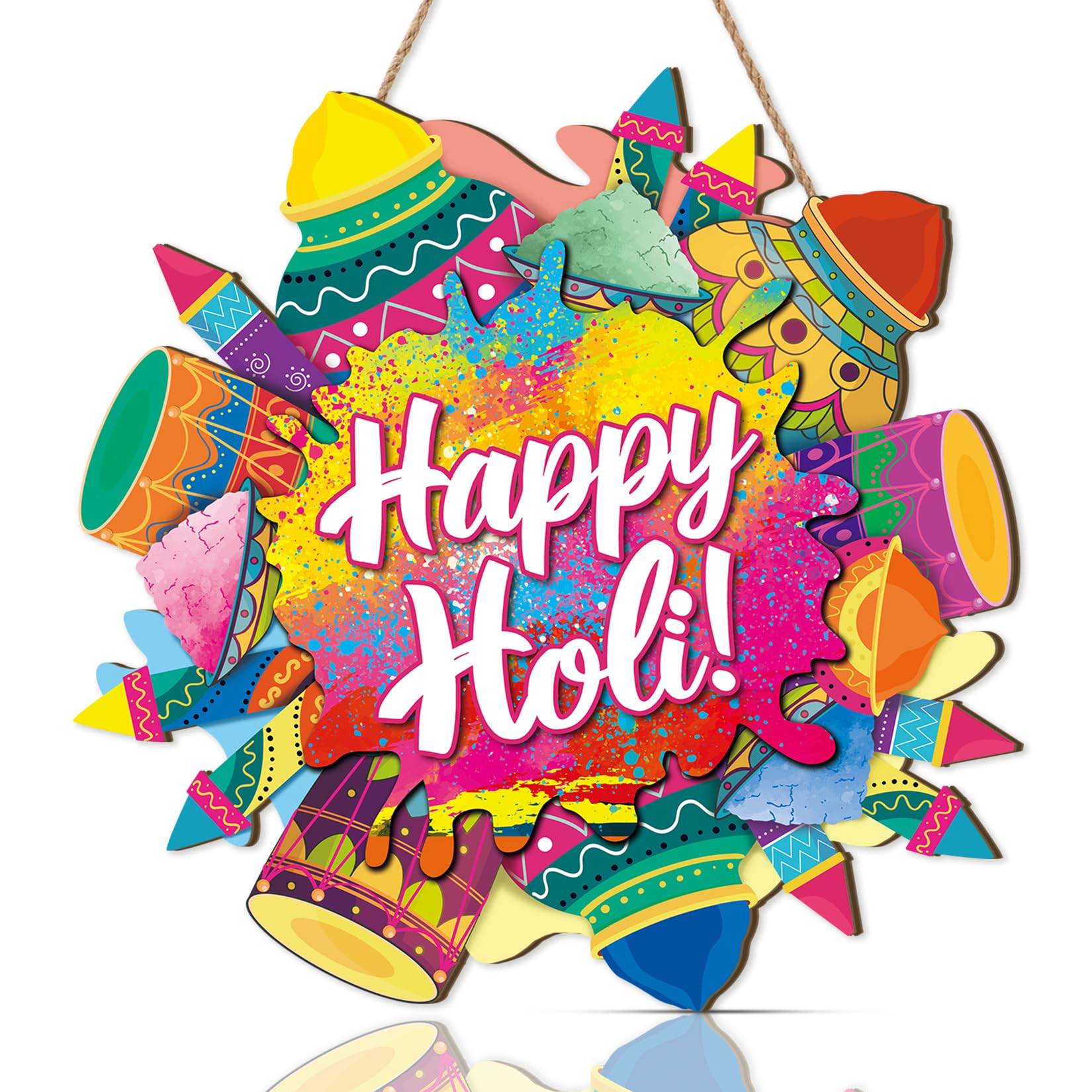 KAIRNE Happy Holi Decor,Holi Decoration for Home,Front Door Welcome Sign,Holi Hai Party Decorations,Indian New Year Porch Decoration,Holi Festival Wooden Hanging Sign for Living Room Housewarming Gift-image-17