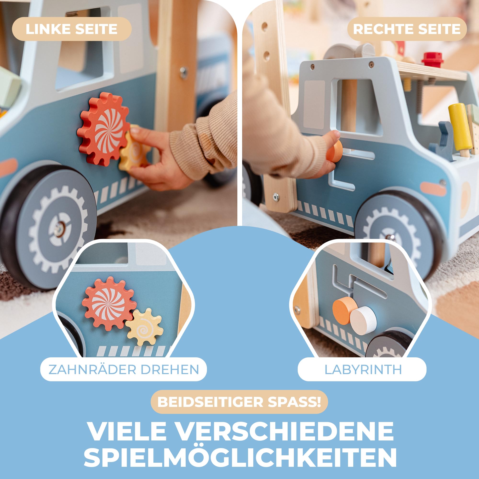 Lauflernwagen aus Holz – Stabiler Schiebewagen mit gebogenem Griff – Motorikspielzeug für Jungen & Mädchen – Montessori Spielzeug ab 1 Jahr - 3 in 1 Walker