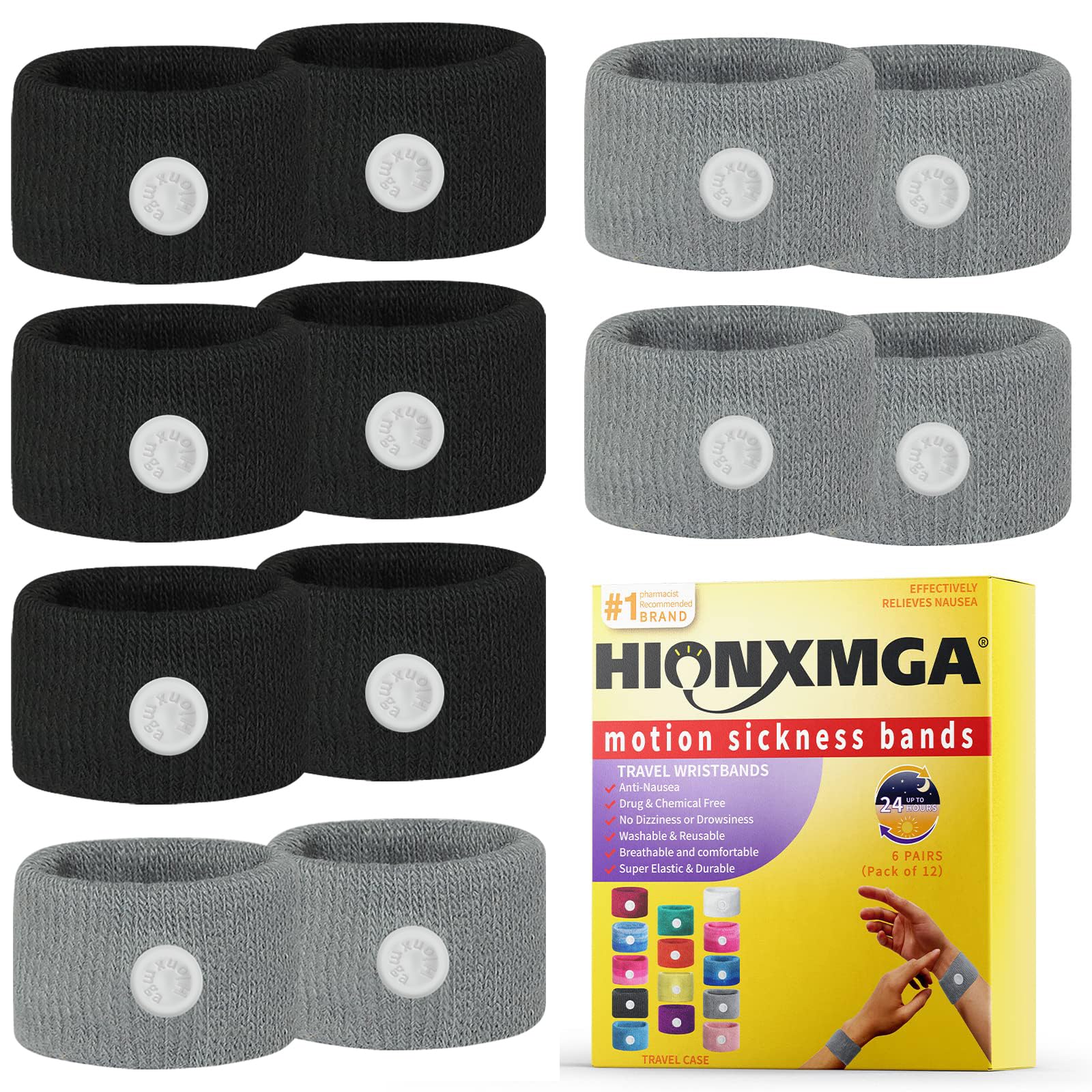 HIONXMGA 6 Pairs Motion Sickness Bands – Anti Nausea Acupressure Wristbands