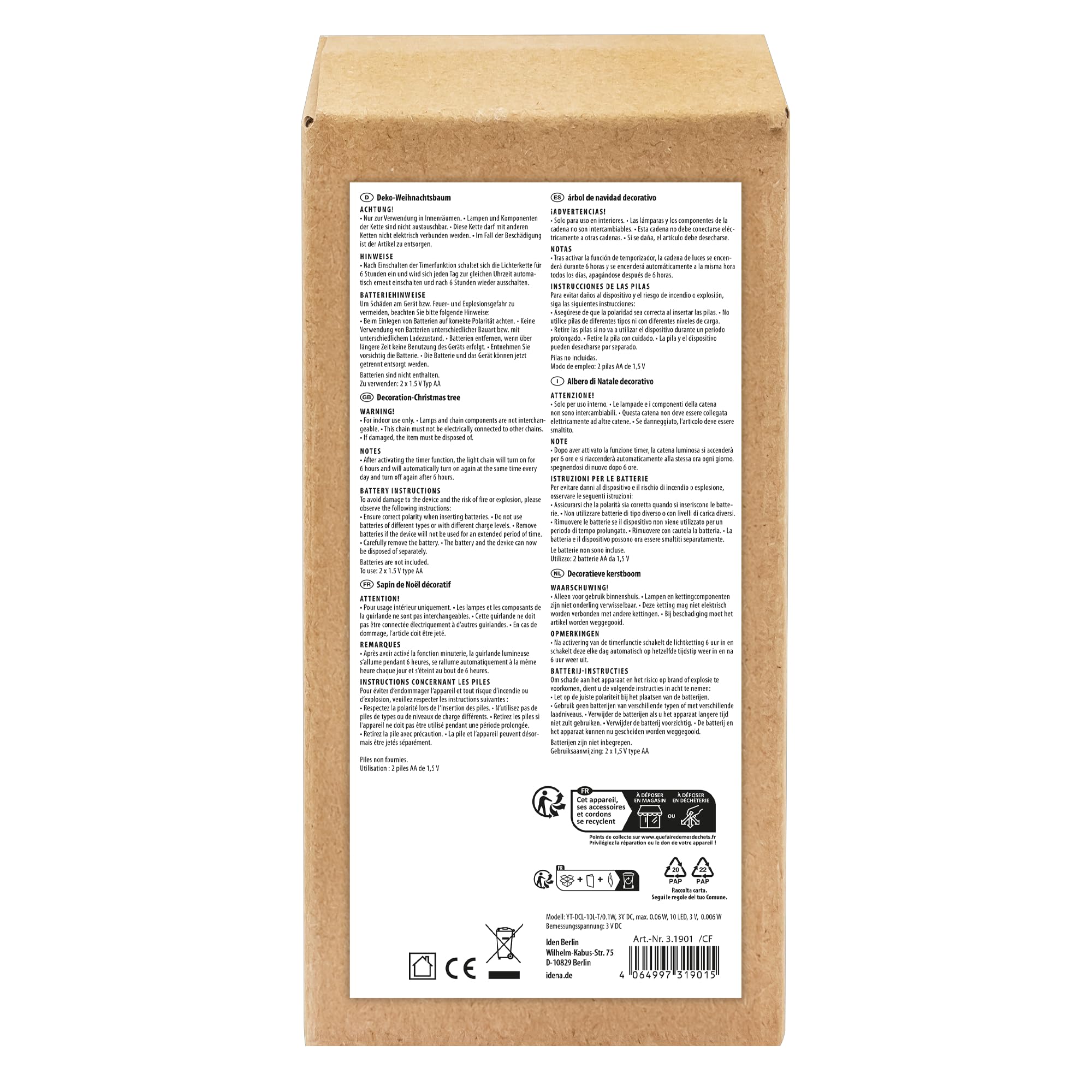 Idena 31901 – dekoracyjna choinka z 10 diodami LED w kolorze ciepłej bieli, ok. 40 cm, choinka z ozdobami w kolorze czerwono-złotym, dekoracja świąteczna do wnętrz, zasilana bateryjnie z timerem