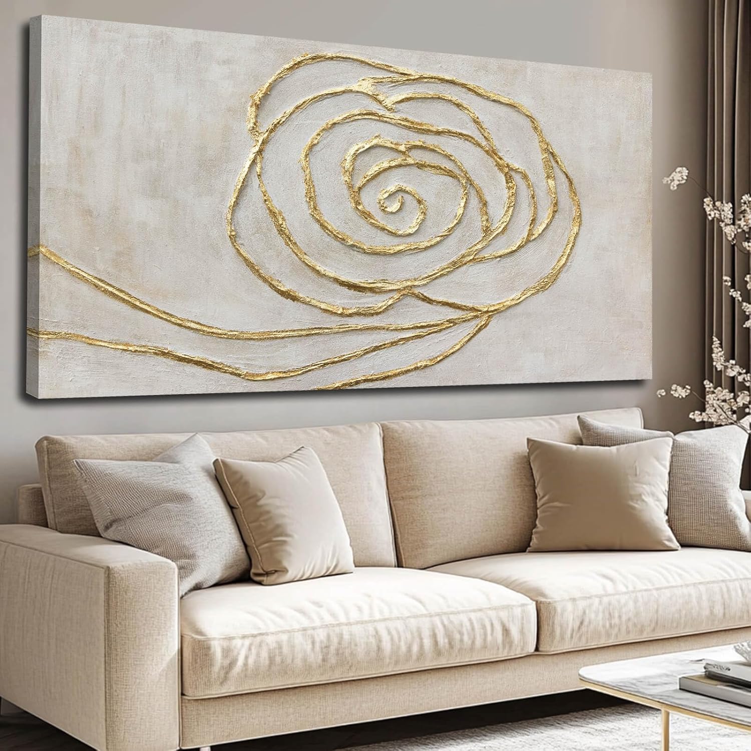 Photo 1 of XIANSHOU Textured Wall Art Pictures Line Wall Paintings Beige and Gold Wall Decor for Walls 24"x48" Artwork for Bedroom Office Decorations