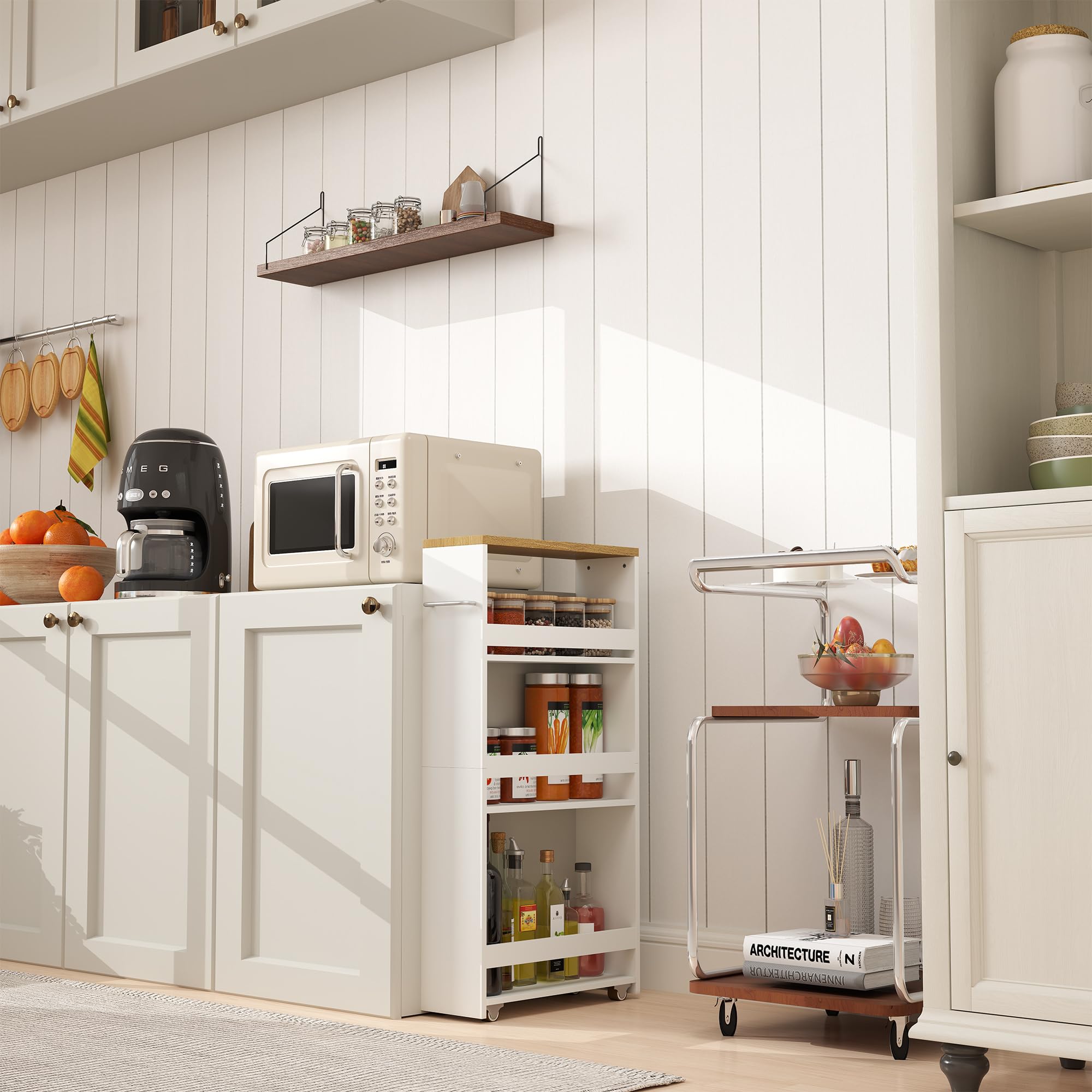 Carrello Cucina con Ruote 40 x 14 x 80 cm Carrello Stretto Salvaspazio a 4 Ripiani Scaffale Portaoggetti per Cucina Bagno e Lavanderia Bianco Effetto Legno