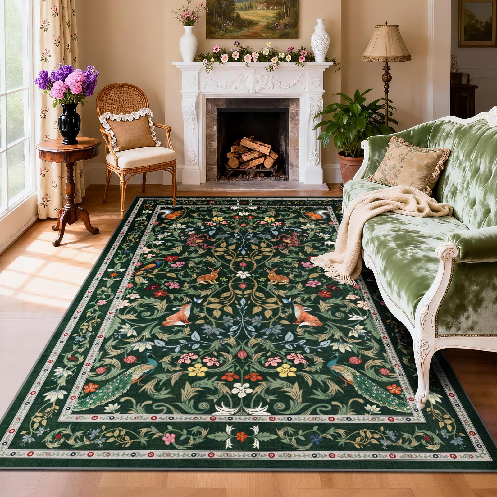 TUKDAK Rugs Living Room Non Slip 120x180cm, Green Animal Washable Rug for Bedroom, Boho Forest Floral Animal Floor Carpet for Kitchen Dining Room Office Kids Nursery Room, Soft Low Pile