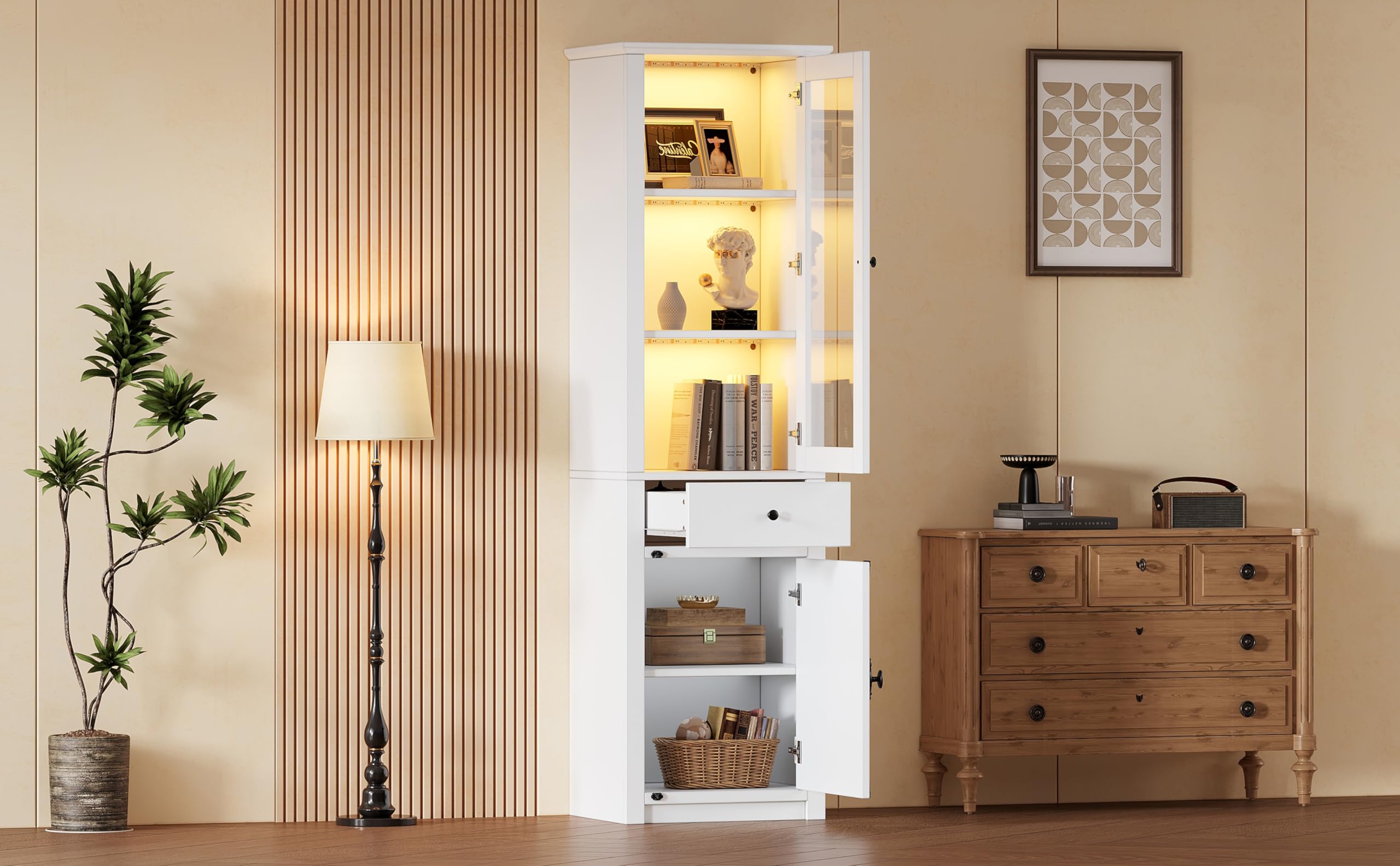 Almacenaje para salón de 200 cm con estantería blanca y vitrina expositora