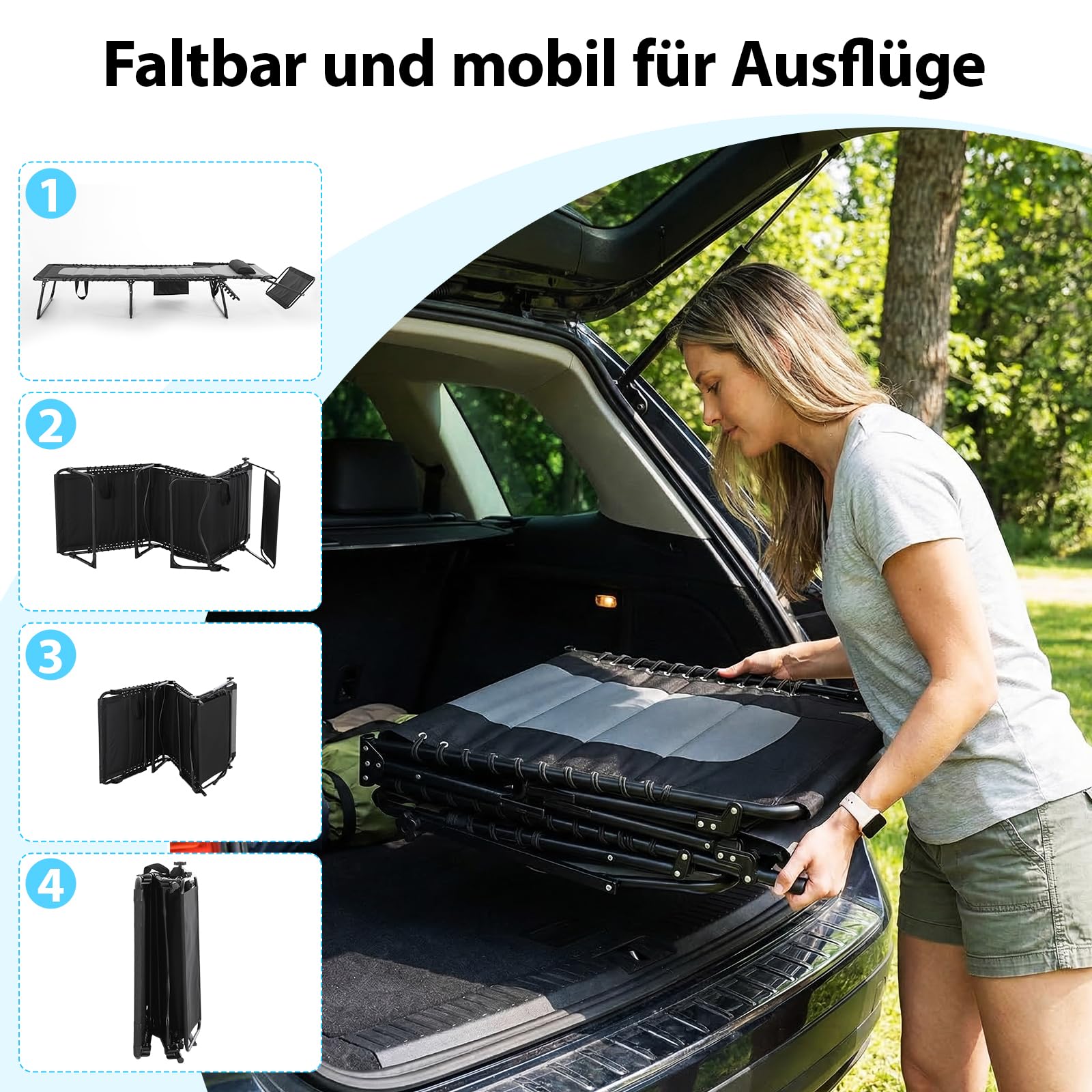 Clevich XXL Sonnenliege klappbar mit Dach, 199 × 66 cm extra breit, gepolstert, Liegestuhl verstellbar mit 5 Rückenlehnen und 2 Beinpositionen, bis 150 kg belastbar, für Pool, Garten, Balkon