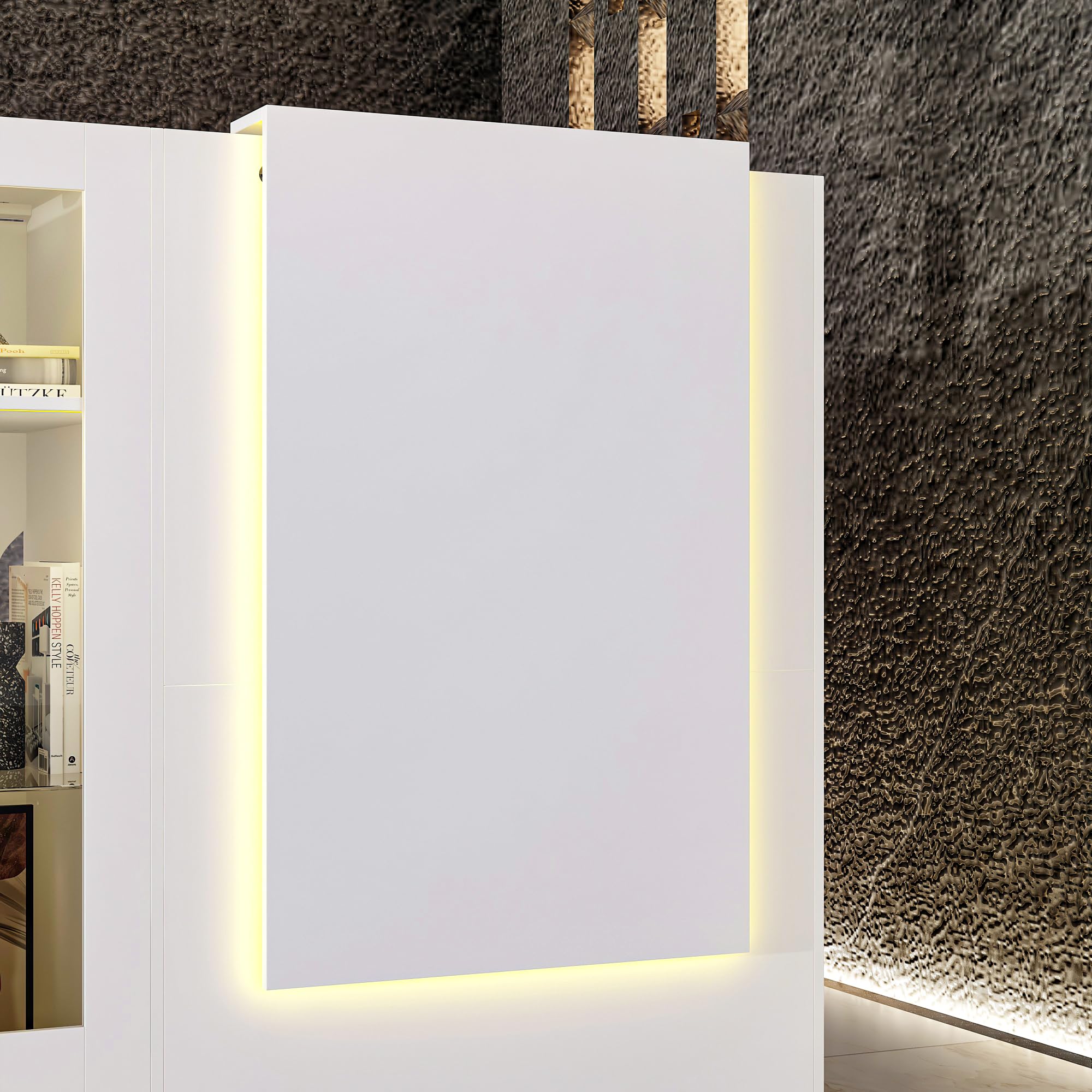Cassetto angolare bianco con cassetto tastiera e 2 armadi, cassette ricezione con strisce luminose e vetro tempered, tavolo reception 120x122