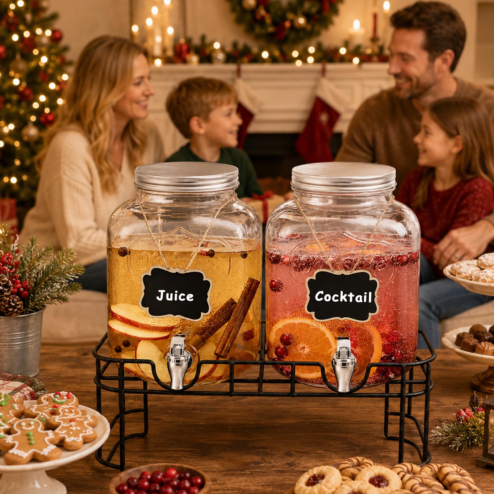 Dispensadores de bebidas de vidrio de 1 galón para fiestas, juego de 2,4 L, dispensador de bebidas con infusor de frutas, soporte y filtro, dispensador de jugo o bebidas para barbacoa, picnic, fiesta