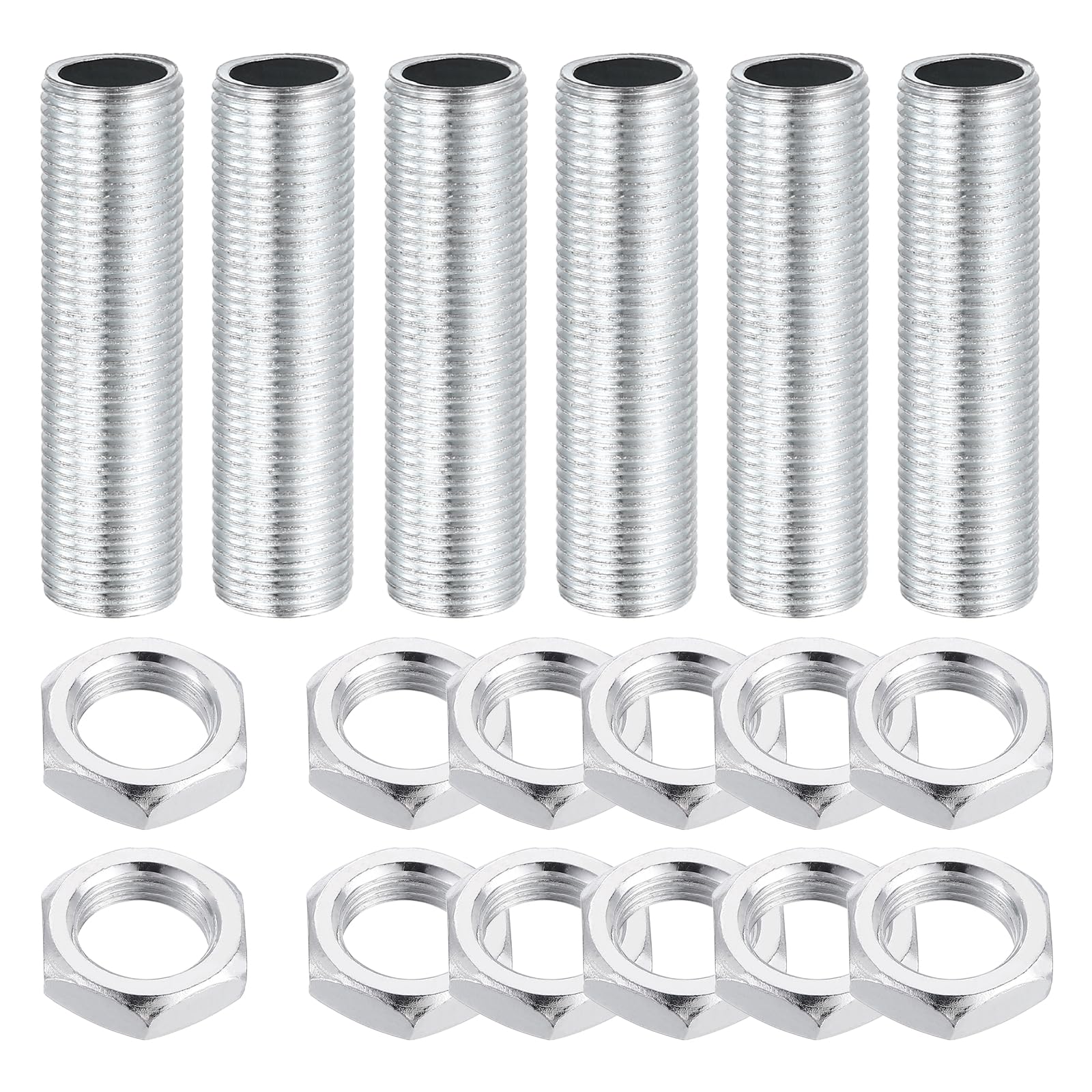 sourcing map 6Pcs 45mm Lamp Pipe Nipples Kit with Lock Nuts, M12x1 Fine All Threaded Hollow Tube Lamp Repair Hardware Fasteners for Chandelier Ceiling Lamps Assembly DIY, White Zinc