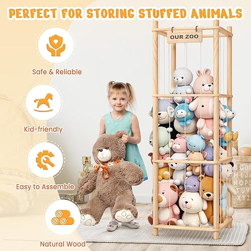 Miniatura 2 de Almacenamiento y organizador de animales de peluche, soporte de madera para juguetes de zoológico para habitaciones de niños, salas de juegos y