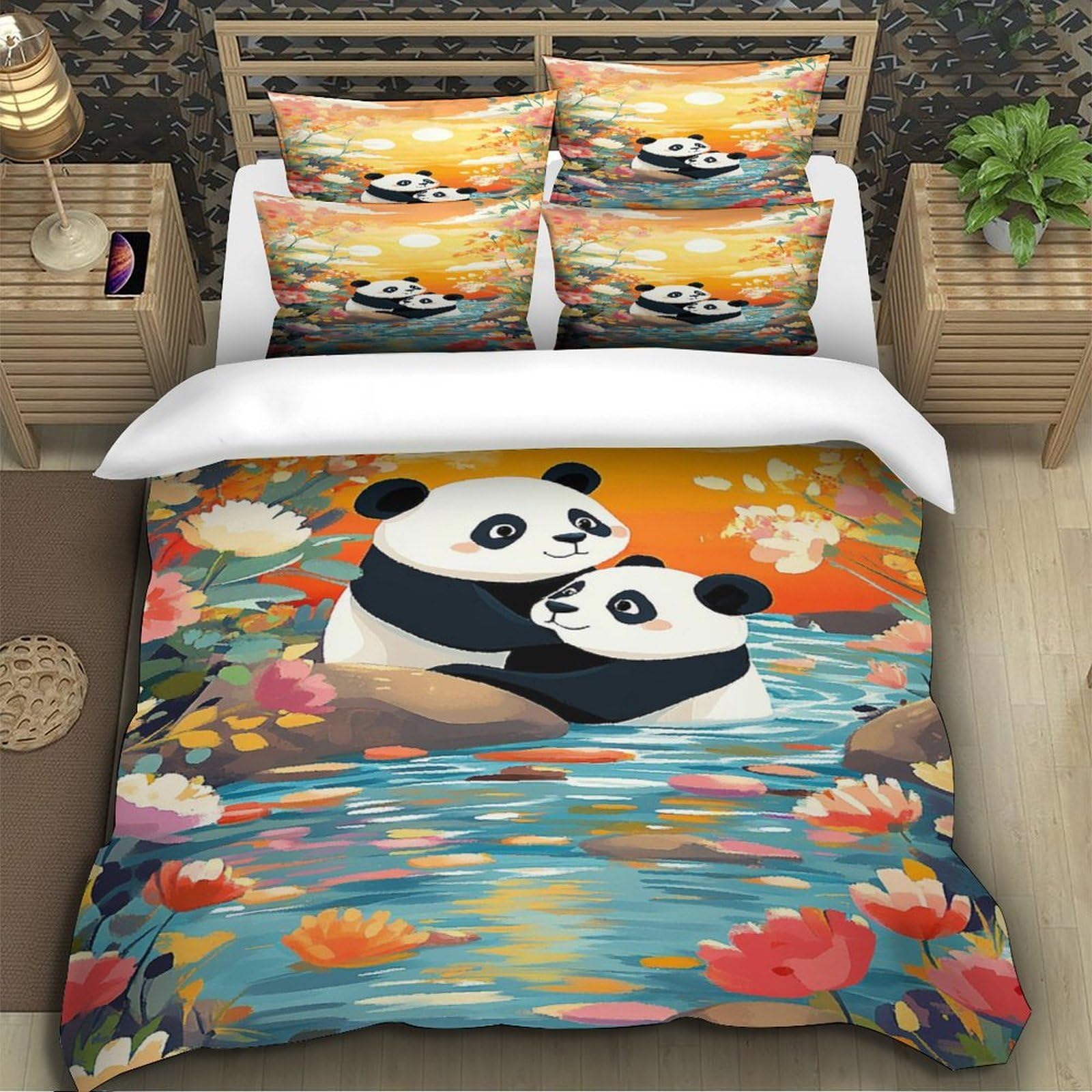Panda-Pärchen 3D-Bedruckt 3er-Set Steppbezug Cartoon-Blumenszene Bettbezug Mikrofaser Hypoallergen Staubmilbenfest für Jungen Mädchen Erwachsene Super King（260x220cm）