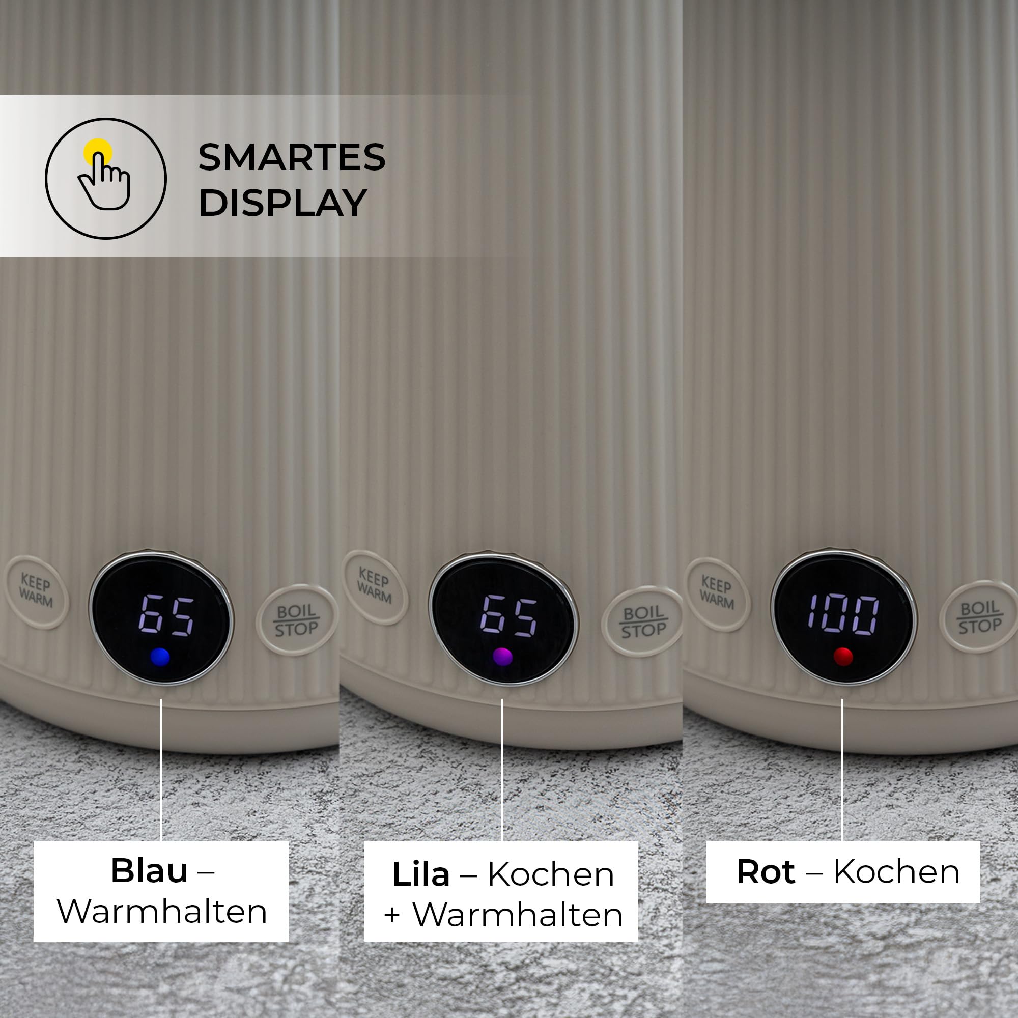Bollitore elettrico da 1,7 l, in acciaio inox, 2200 W, 6 temperature da 45 a 100 °C, display a LED, per tè e caffè, sabbia