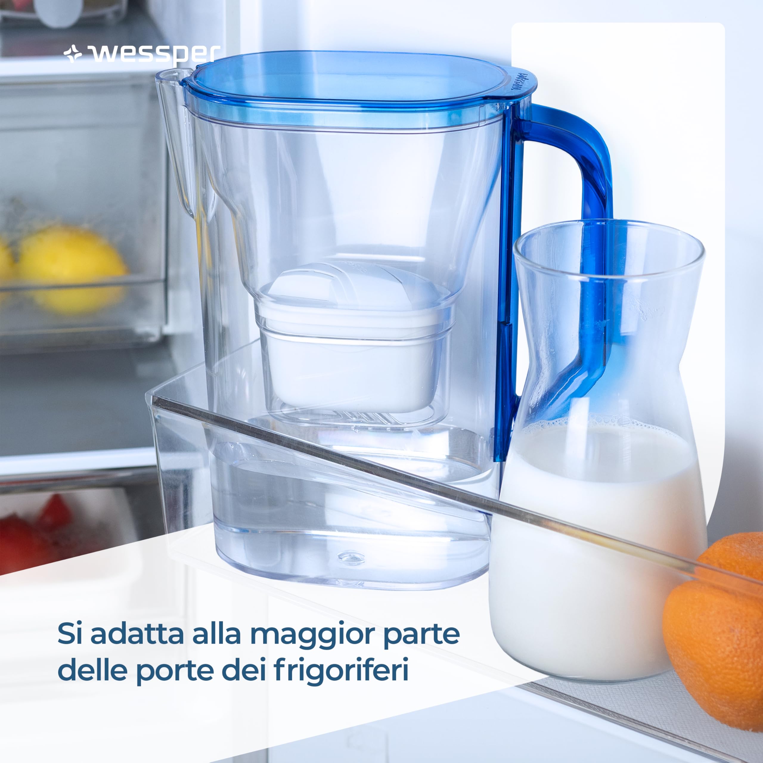 Wessper Caraffa Filtrante con Filtri, Caraffa per Frigorifero da 2,7 Litri, Cartucce per Acqua con Carbone Attivo e Rresina a Scambio Ionico, Caraffe e set di 6 Filtro - Blu