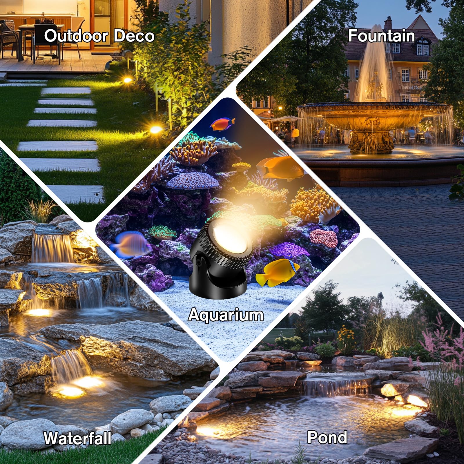 POPOSOAP Luces de estanque, luces de estanque, 4 en 1, blanco cálido, luces subacuáticas IP68, impermeables, focos LED para estanque, jardín, patio, fuente, piscina, decoración de cascada (4 faros)