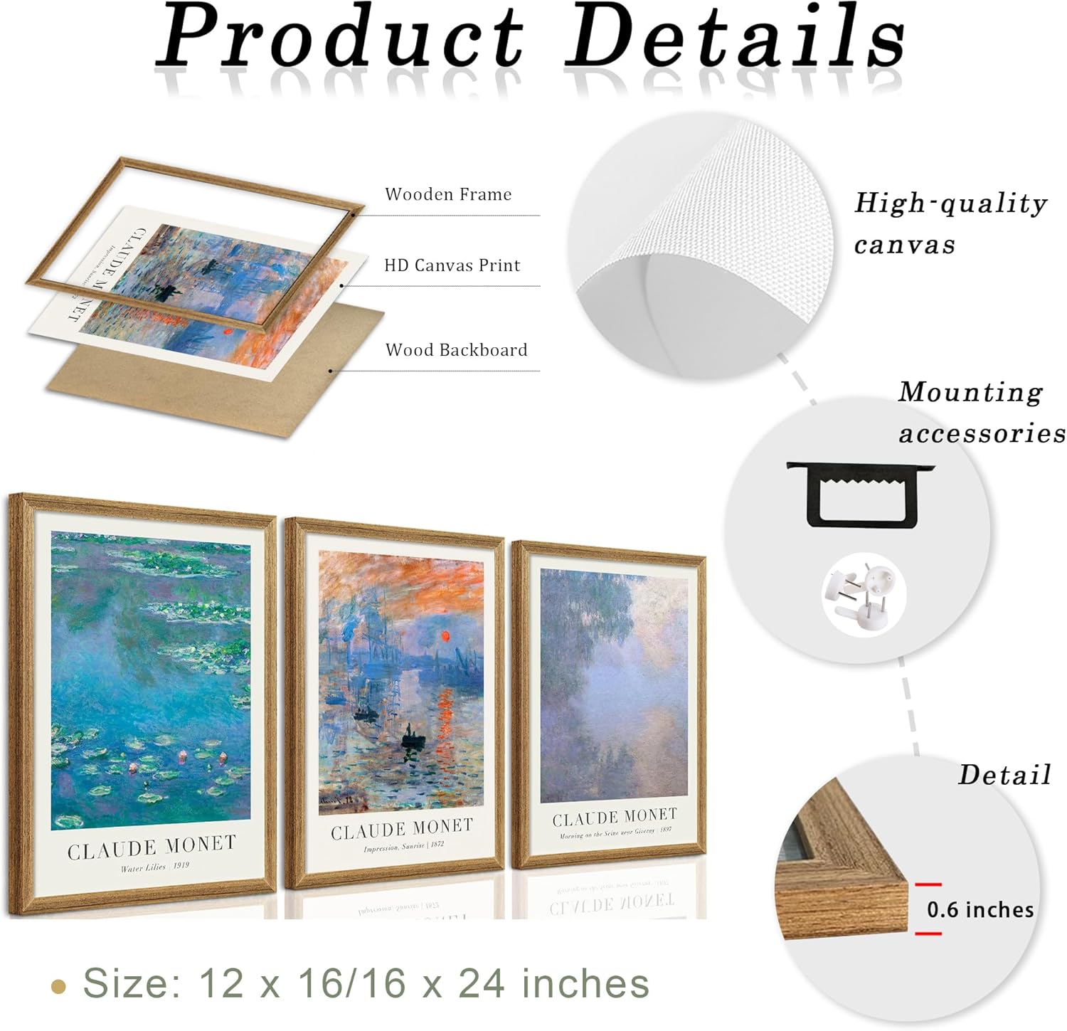 SYWENNOI Wood Framed Wall Art, Claude Monet Famous Paintings Collection, 3-Piece Set, Easy to Hang Fade Resistant, Art Prints for Bedroom, Living Room, Home Office Wall Decor, 16x24 Inch