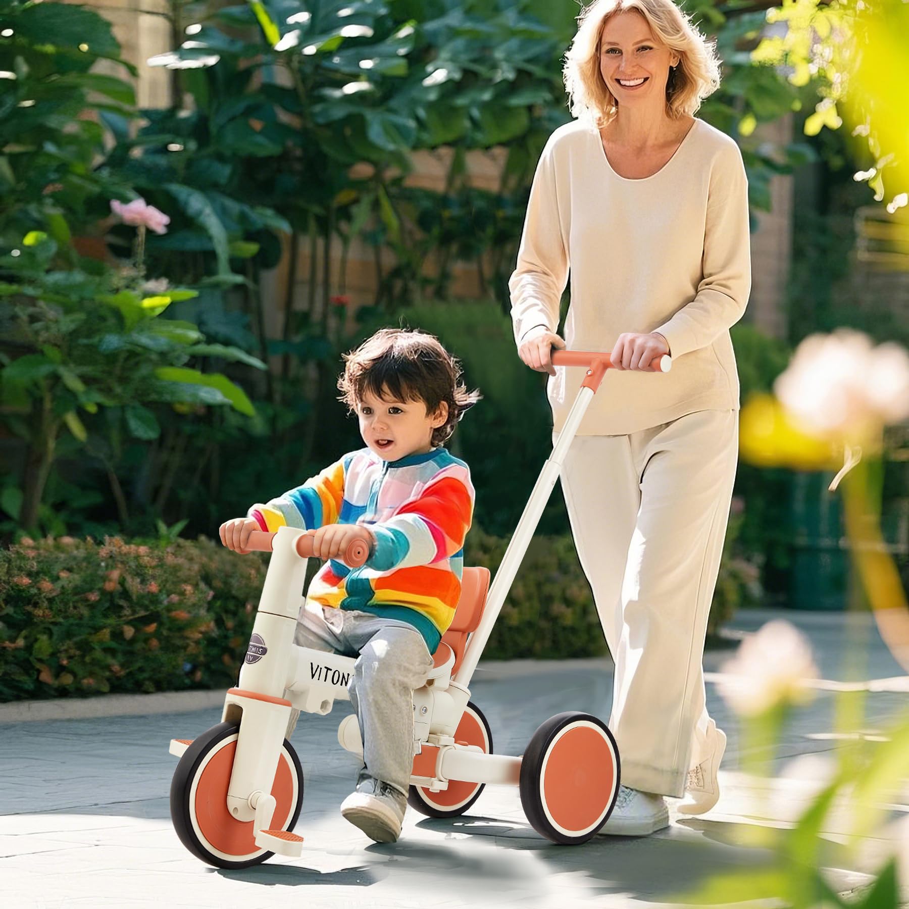 VITONIS bicicletta senza pedali da 1 anno, triciclo 5 in 1 con barra di spinta per bambini, girello per bambini da 1 a 4 anni Regali e giocattoli (beige)