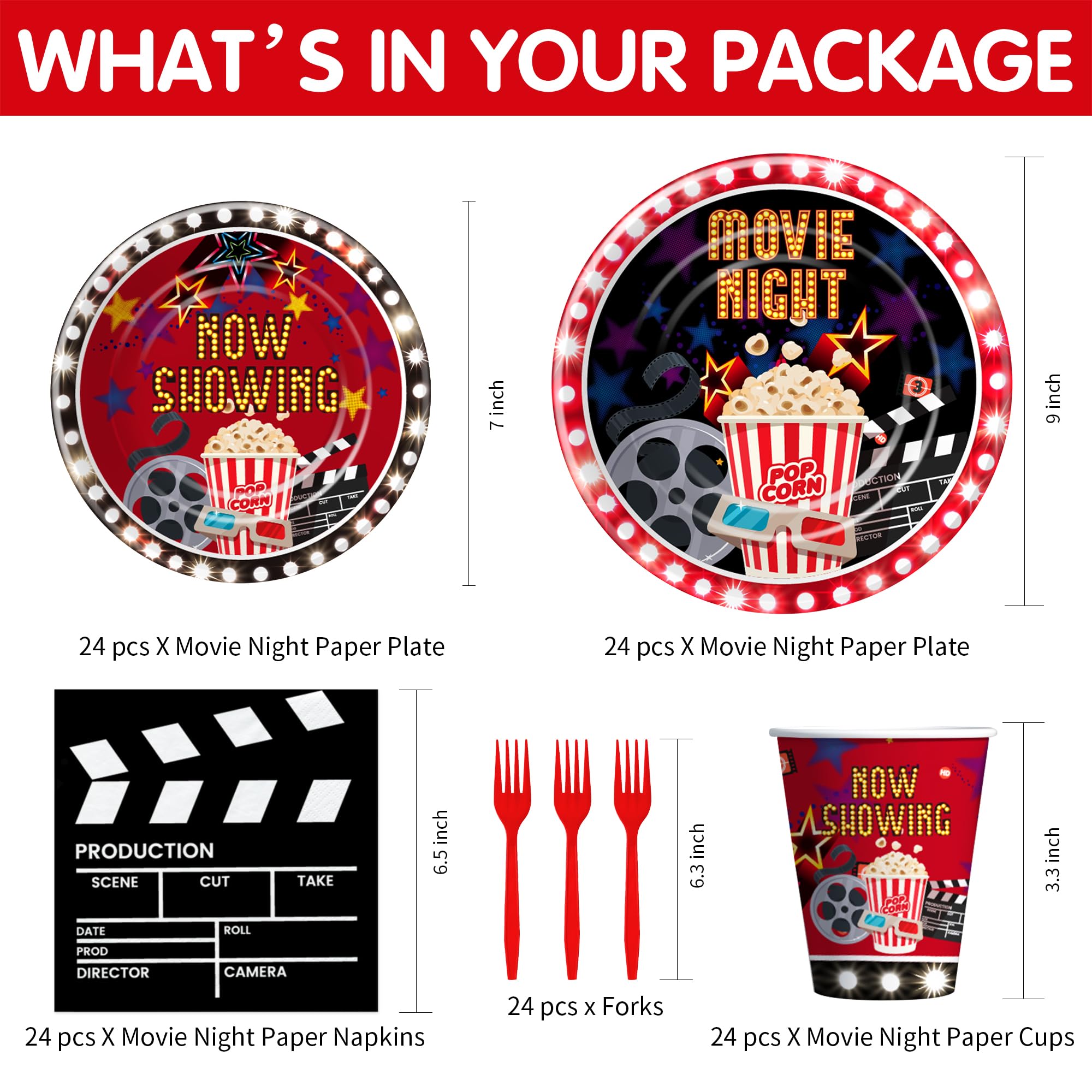 Xigejob Movie Night Decorations Party Tableware - Movie Night Red Carpet Awards Ceremony Theme Party Decorations Supplies, Paper Plate, Cup, Napkin, Fork | Serves 24
