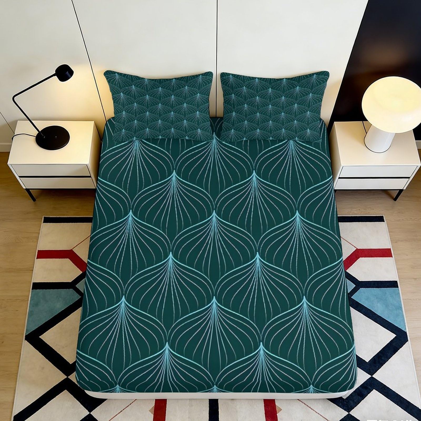 3D Printed Geometric Leaf Fitted Sheet Microfiber Deep Green Art Deco Mattress Cover for Bedroom Guest Room Decor 90x200x25cm