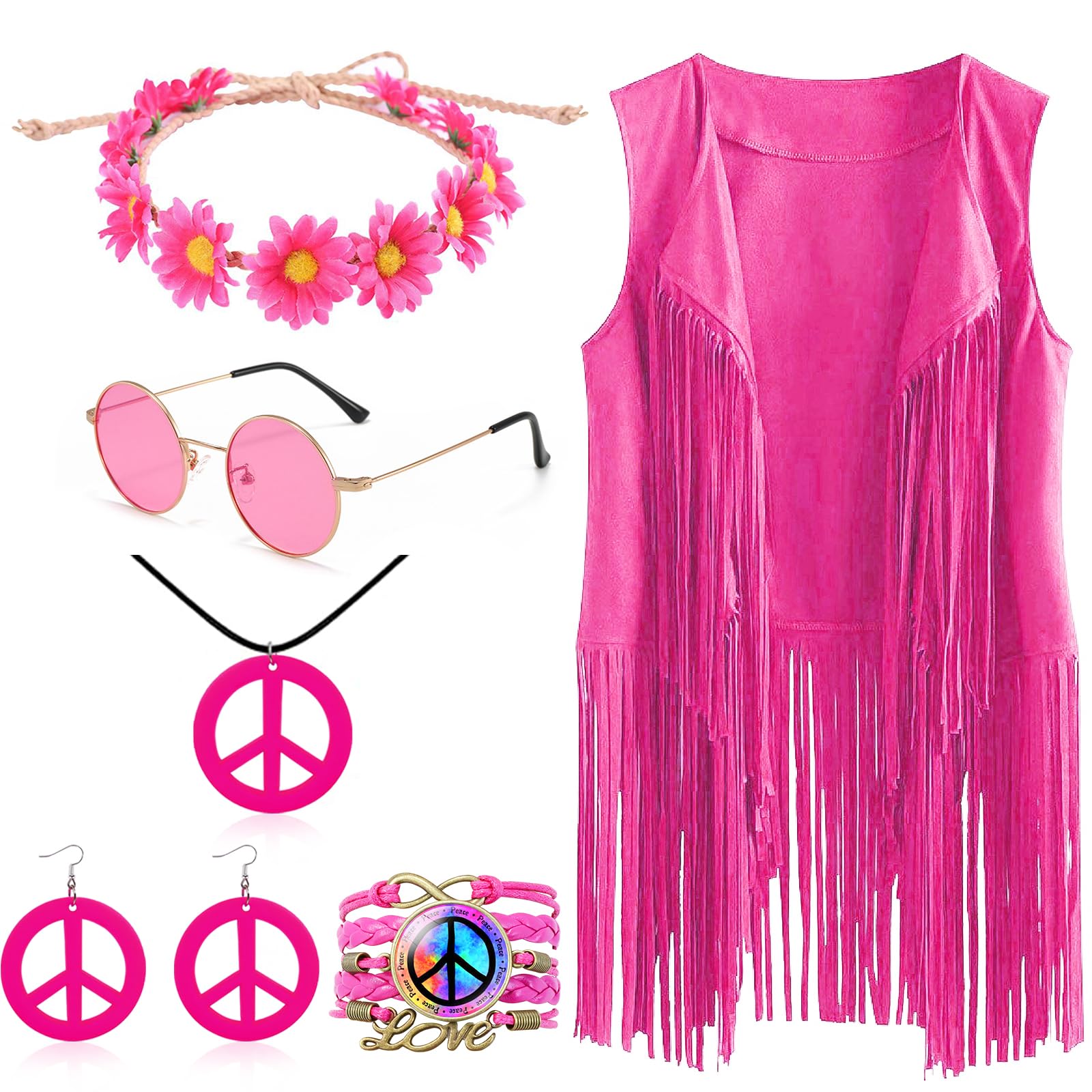 Disfraz hippie rosa de los años 70, juego de disfraz hippie con flecos, 60 y 70, trajes de discoteca para hombres y mujeres, Halloween, carnaval