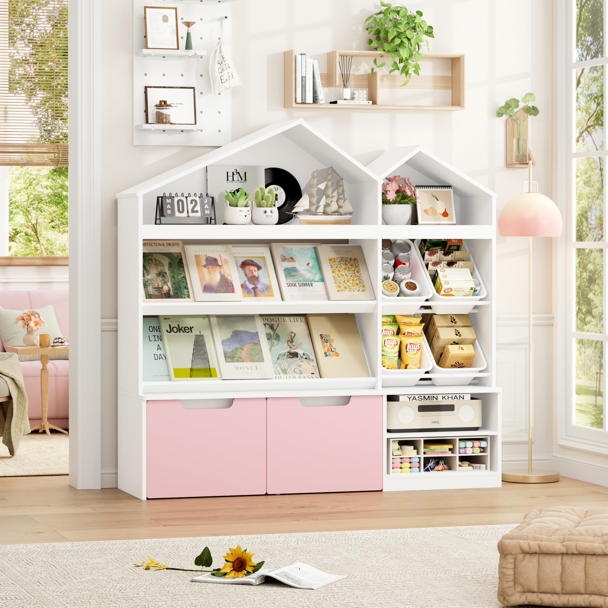 FACBOTALL Toy Organizers and Storage, Small Bookcase and Pink Bookshelf with 2 Drawers and 4 Mobile Toy Boxes, Playroom Organization and Storage, Toy Storage Organizer for Living Room