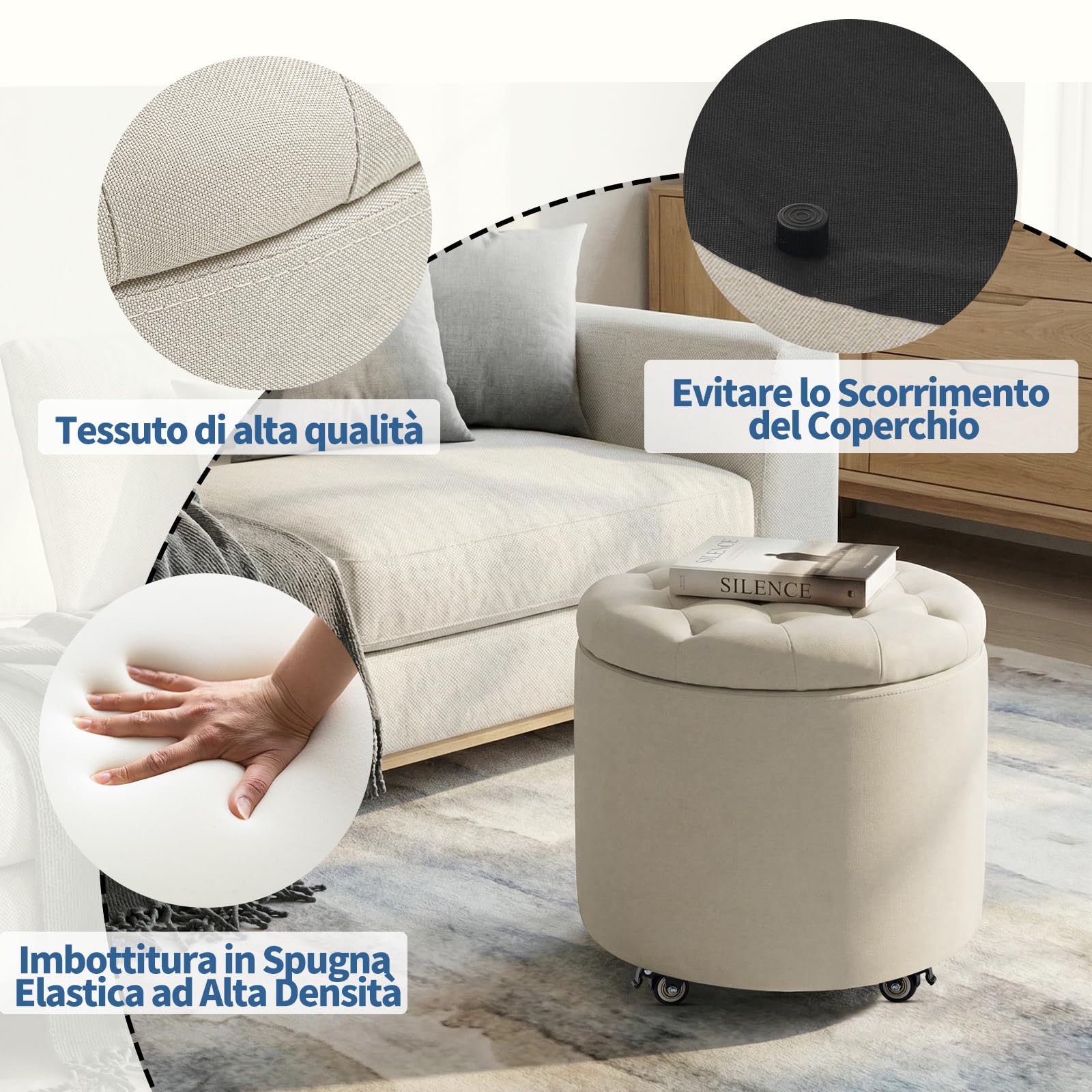 Pouf Contenitore con Ruote, 48cm Pouf Poggiapiedi Rotondo, Sgabello Imbottito con Lavorazione Capitonné e Coperchio Rimovibile per Soggiorno, Camera da Letto e Sala da Pranzo, Lino, Beige