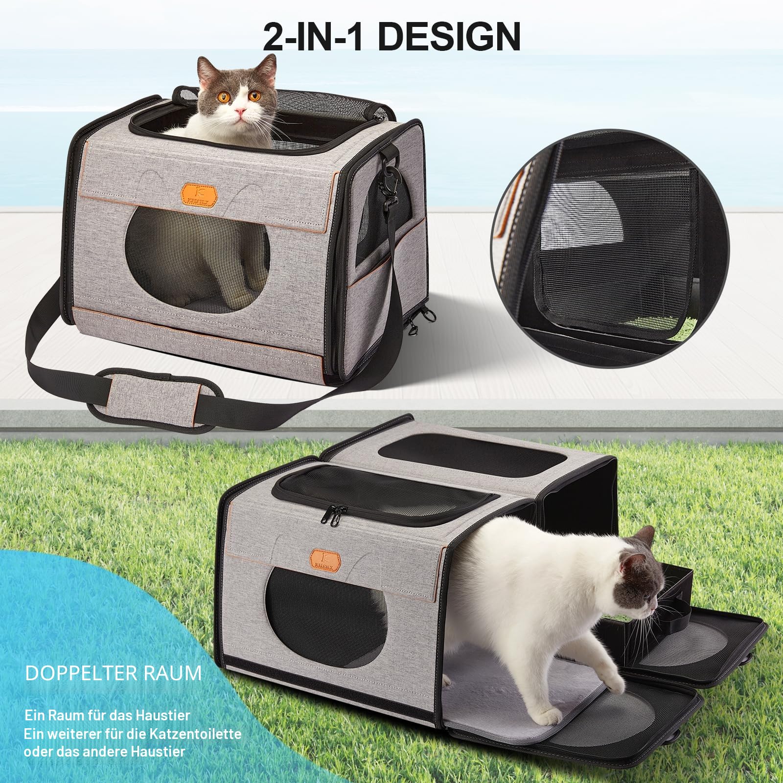 Faltbare Katzen Transportbox Groß 2-in-1 Doppel-Haustiertragetasche für Katzenklo und weichen Katzenkäfig