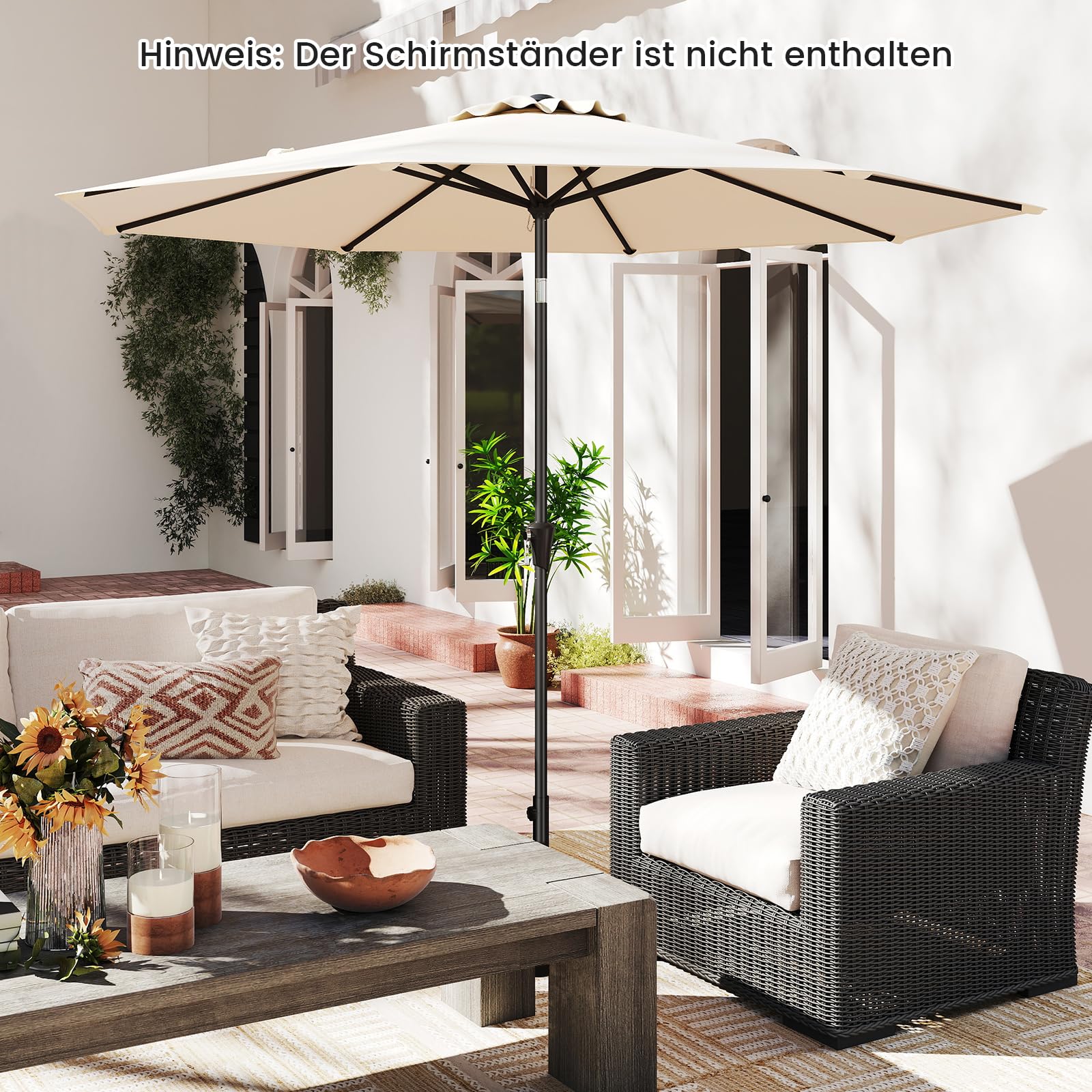COSTWAY Sonnenschirm 300 cm, Gartenschirm mit Kurbel, beidseitig um 25° knickbar, 8 Rippen, Beige