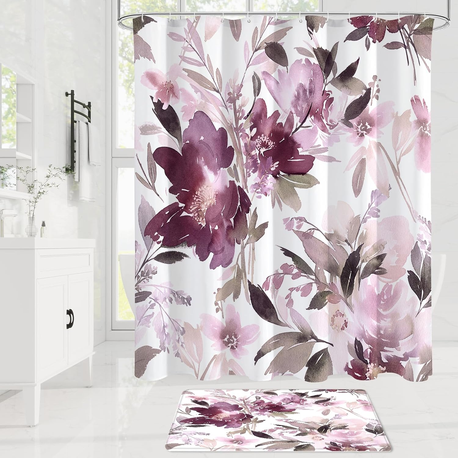 Litabel 4 Pcs Mauve Watercolor Floral Shower Curtain Sets with Rug, Toilet Lid Cover and Bath Mat, Botanical Flower Shower Curtains for Purple Bathroom Decor, White Fabric Waterproof Bathroom Set
