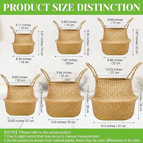 Miniatura 9 de Qunclay 4 cestas tejidas de hierba marina, cesta para el vientre, maceta bohemia natural con asas, maceta redonda decorativa de mimbre grande para