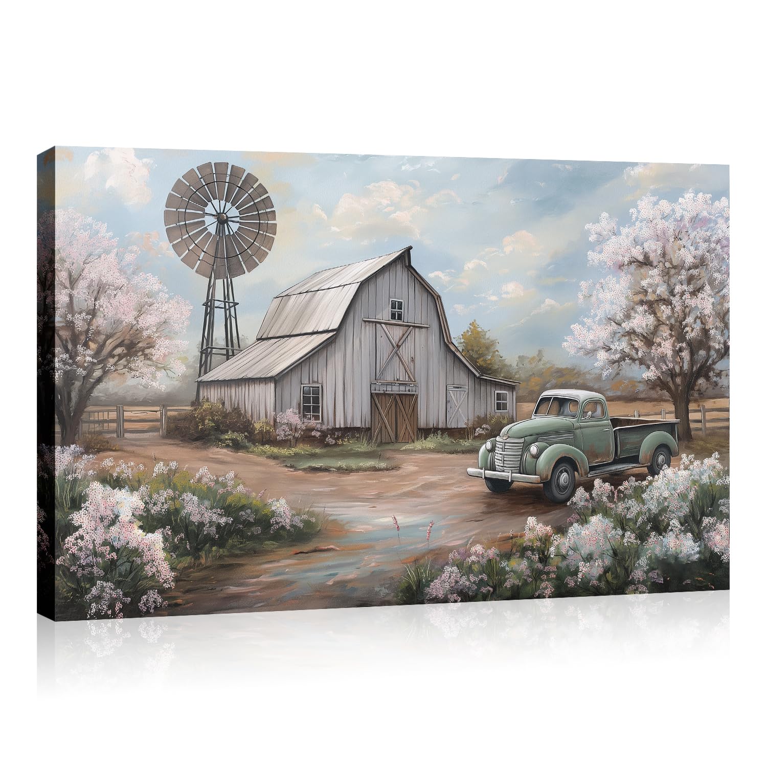 LYUNSHUO Farmhouse Wall Art Old Barn Canvas Print Windmill with Truck Picture Country Scenery Painting Vintage Artwork for Living Room Bedroom Office