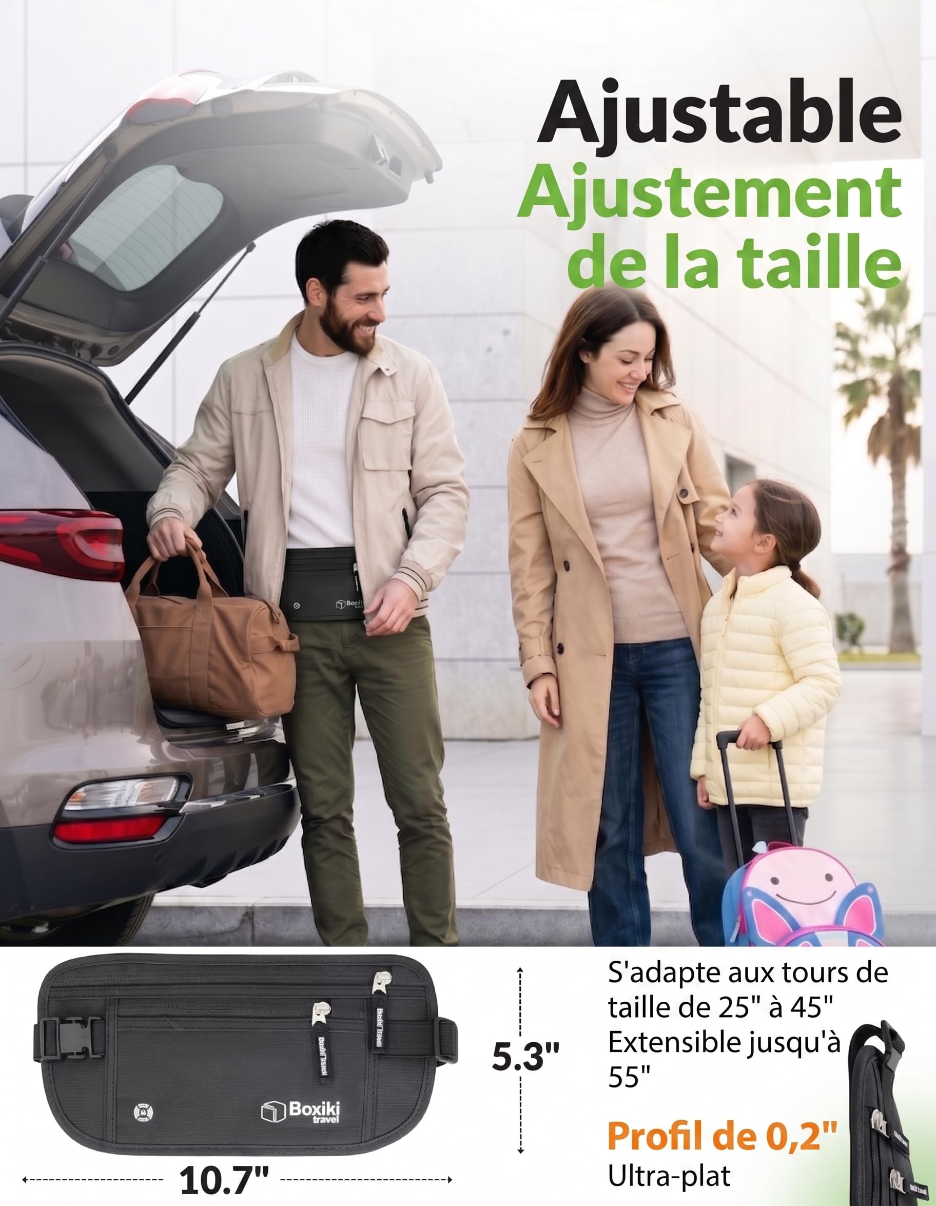 Boxiki Travel Ceinture d'argent dissimulée pour hommes et femmes - Sac de taille RFID bloquant pour passeport, portefeuille et téléphone - Sécurisé et fiable pour les voyages